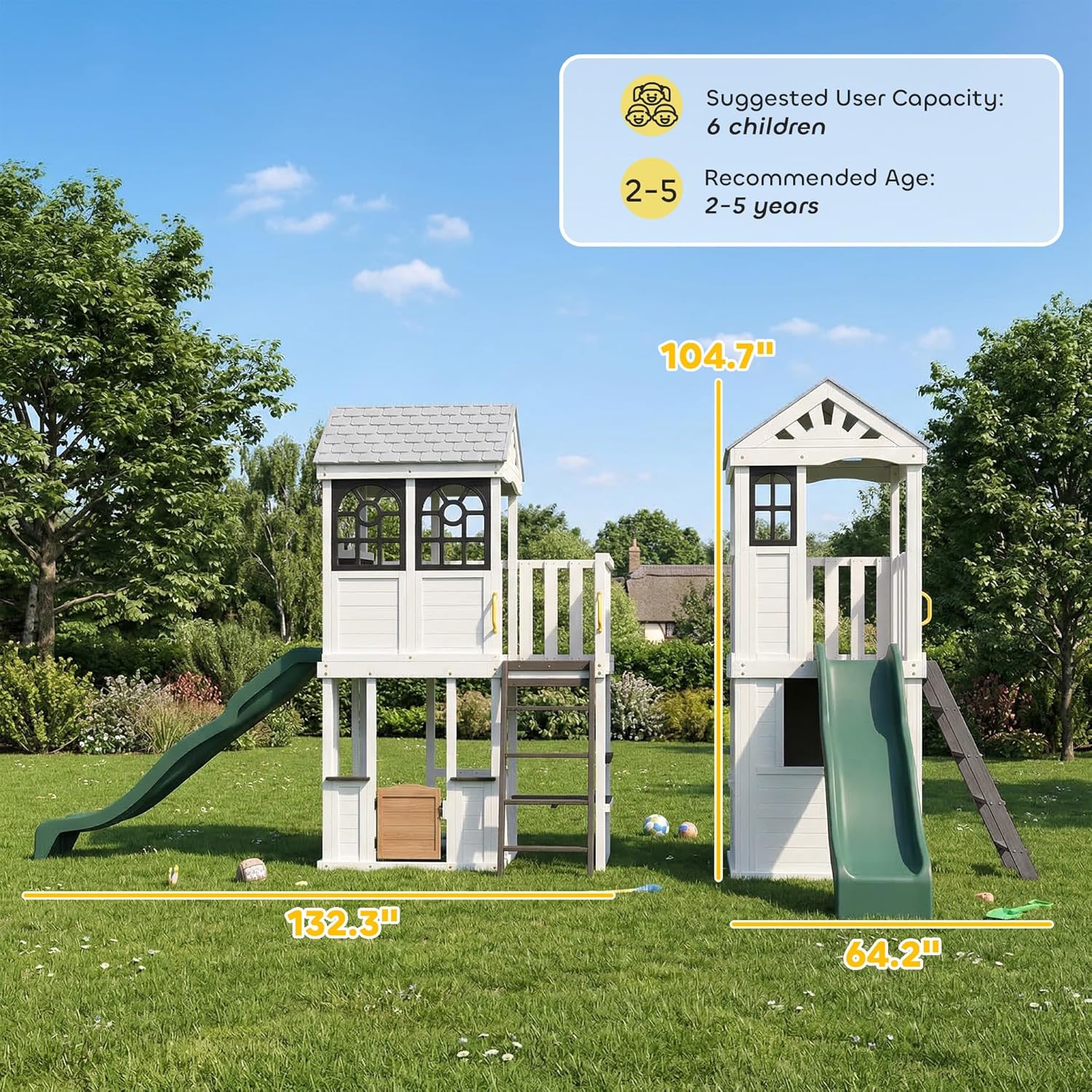 Dimensions of the Qaba Two-Story Outdoor Wooden Playhouse