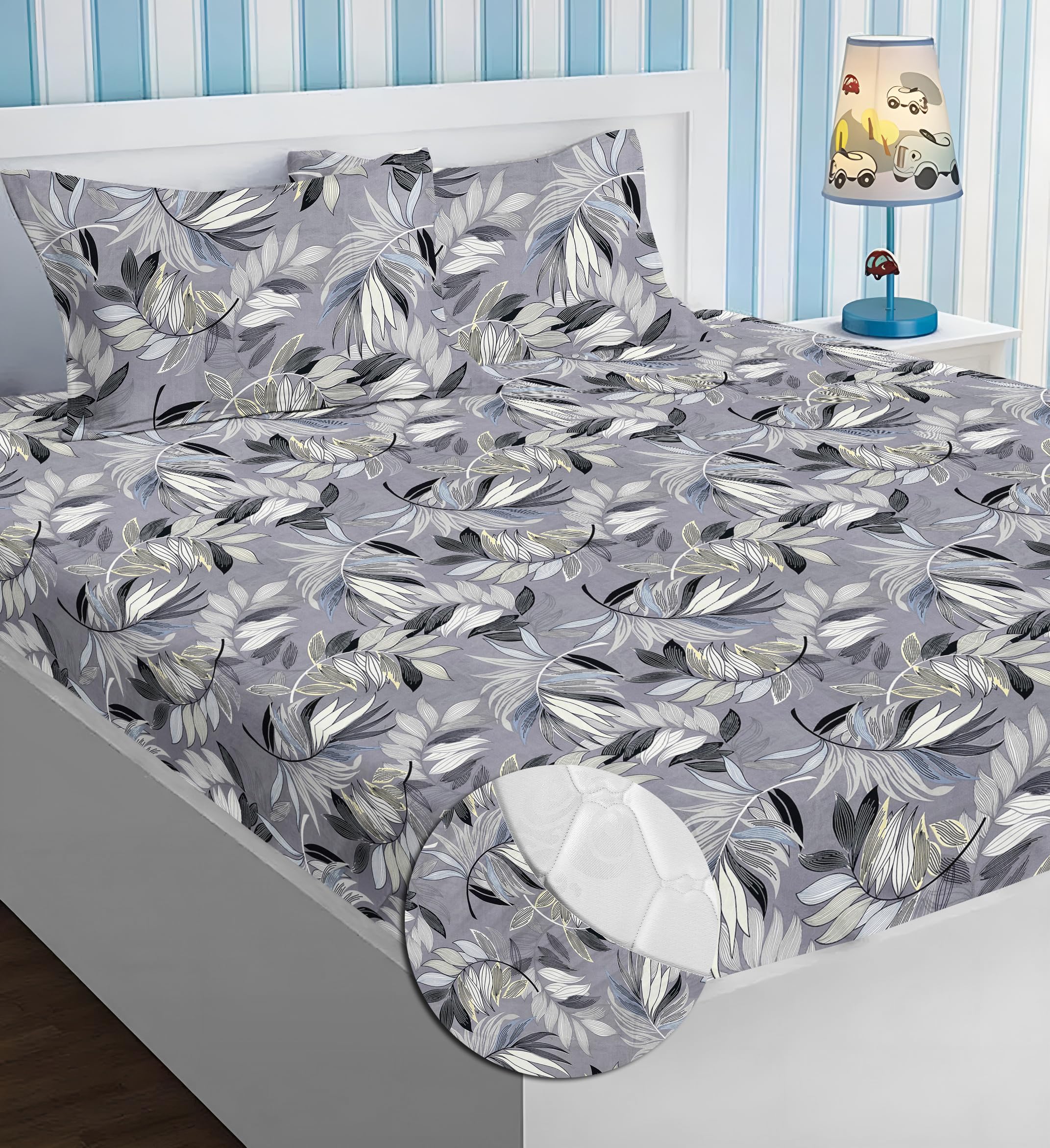 BSB HOME Premium Microfiber All Round Elastic Fitted Bedsheets for Double Bed with 2 King Size Pillow Covers 160 TC Supersoft |Wrinkel Free Bed Cover Size - 72x78+8 inches | Grey and Black