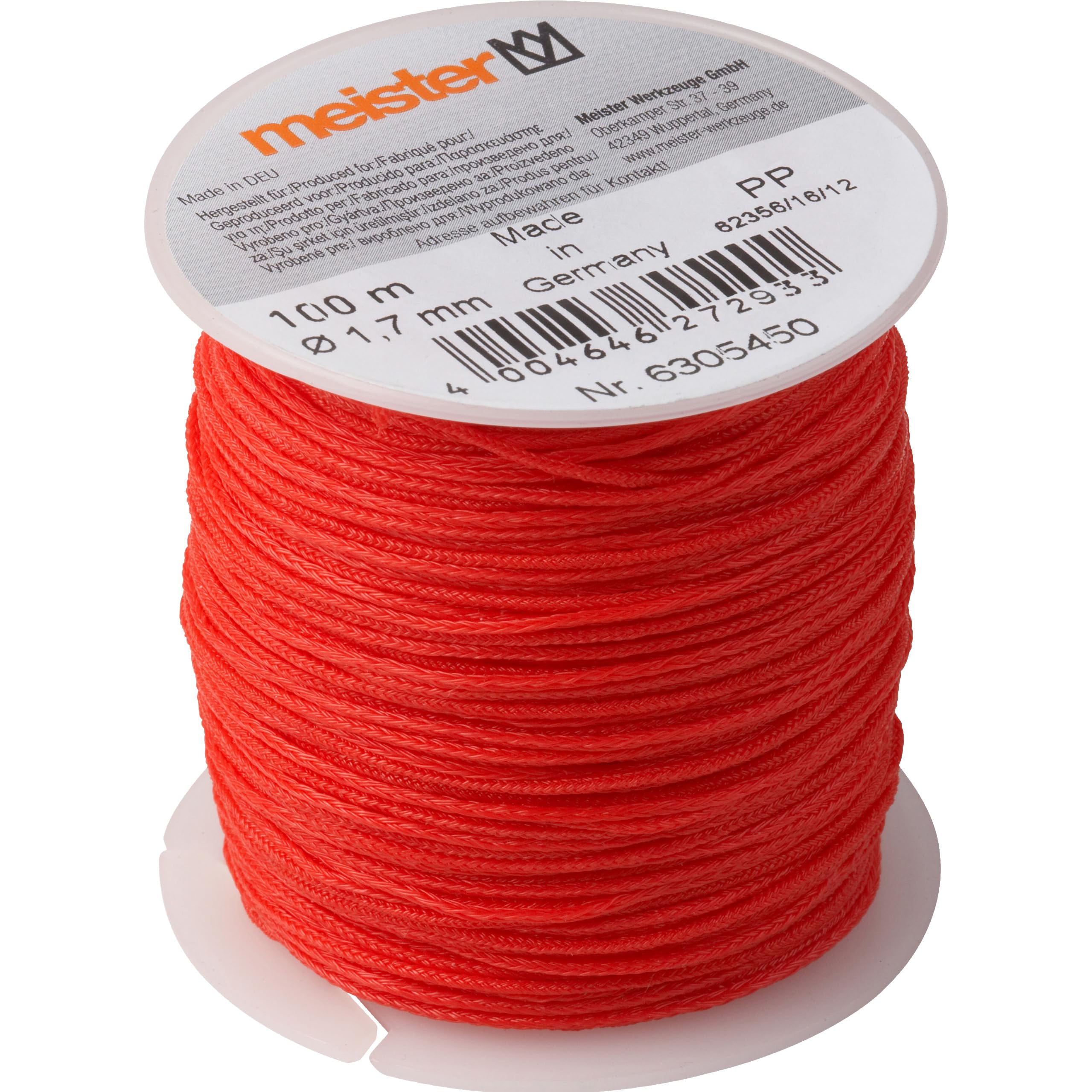Meister 6305450 - Cuerda para albañilería (3 Unidades, 100 m de Longitud, 1,7 mm de diámetro, Trenzado de Polietileno, Resistente a los Nudos, Resistente al desgarro y Duradero, en Bobina/línea de