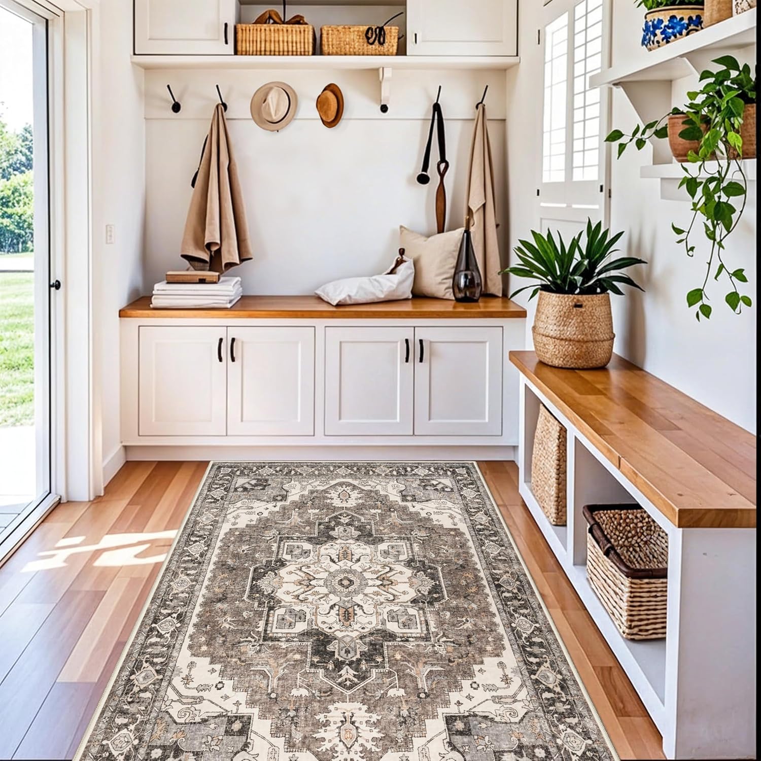 Washable 4x8 Hallway Runner Rug: Low Pile Soft Kitchen Rugs Wide Vintage Stain Resistant Carpet with Non-Slip Rubber Backing Thin Indoor Entryway Floor Decor Mat for Living Room Bedroom (Beige,4x8) - Image 4