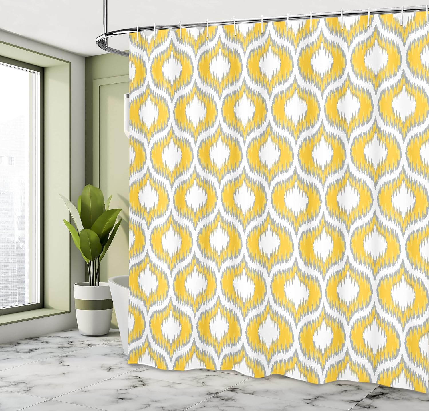 Ambesonne Ikat Shower Curtain, Abstract Style Exotic Ikat Chain Patterns Retro Cloud Design, Cloth Fabric Bathroom Decor Set with Hooks, 69" W x 75" L, Yellow White