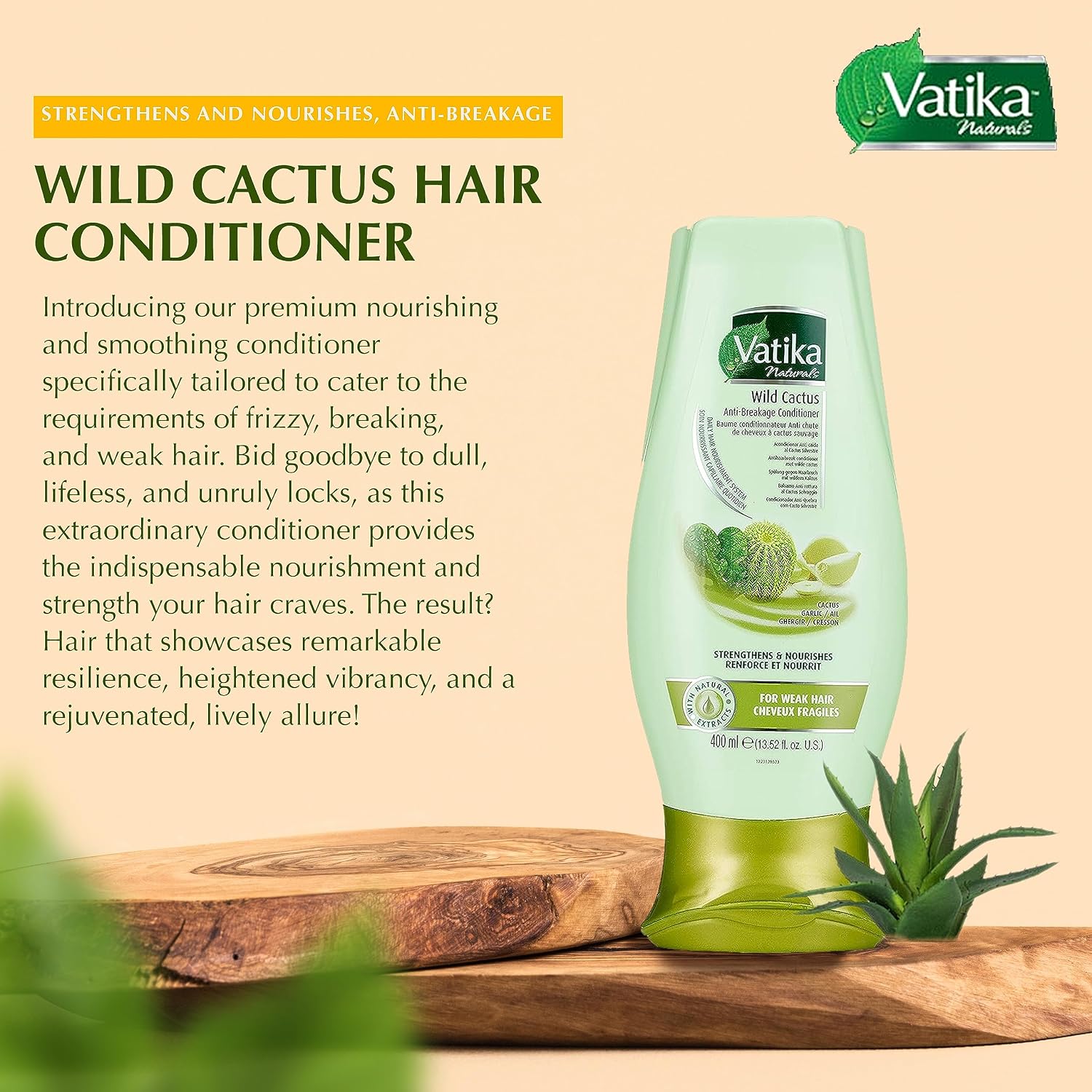 Vatika Naturals Moisturizing Conditioner - Hydrating Conditioner for Dry, Damaged & Frizzy Hair - Deep Nourishment with Natural Ingredients & Henna - Strengthens & Shines - Wild Cactus - 400ml