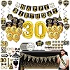 happy 30th birthday decorations for him men, black gold party decorations, Pennant, Hanging Swirl, birthday balloons, Tablecloths, cupcake Topper, Crown, plates, Photo Props, Birthday Sash