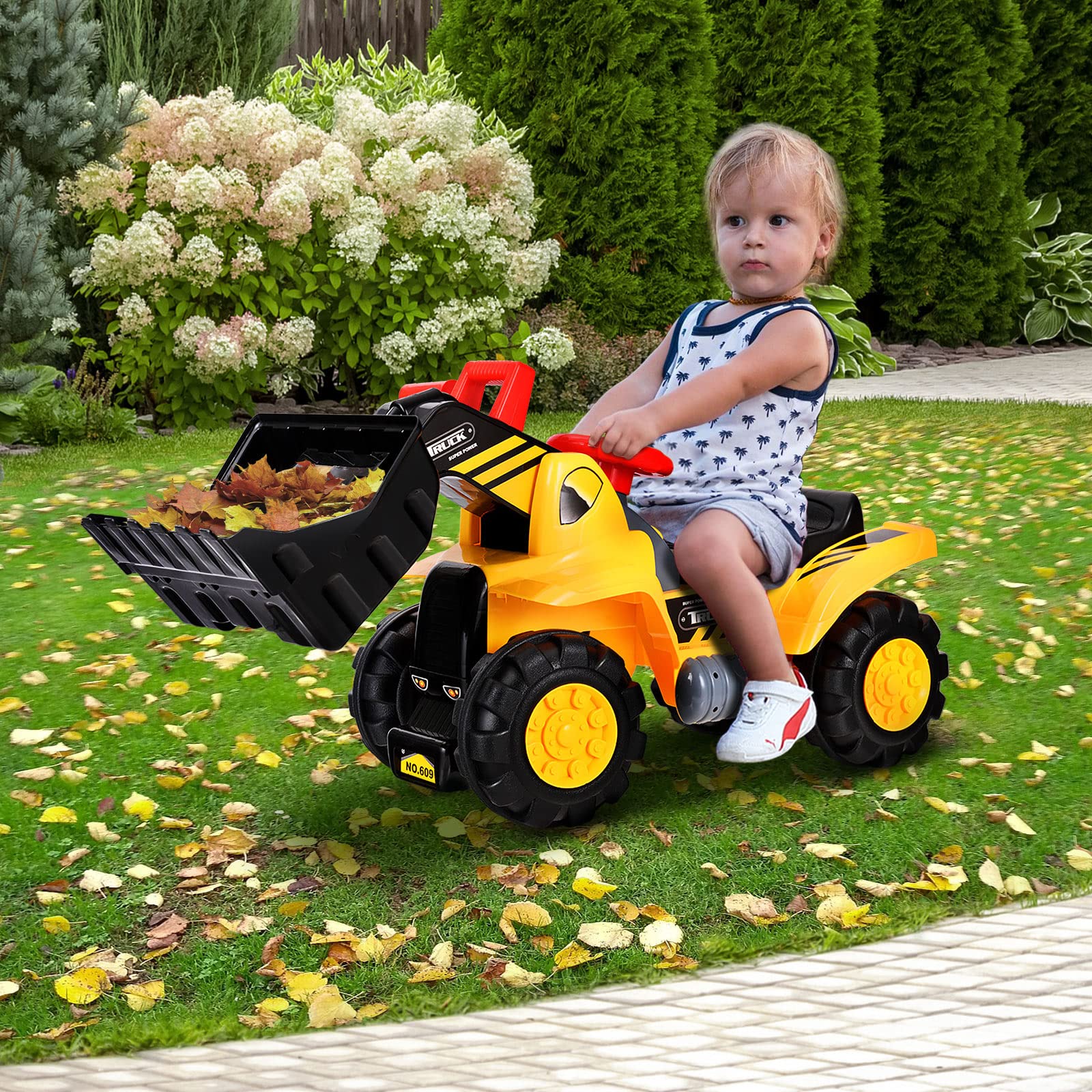 DREAMADE Excavatric Jouet Bulldozer pour Enfants, Véhicule Jouet avec Volant et Espace de Rangement, pour Enfants 3 + Ans