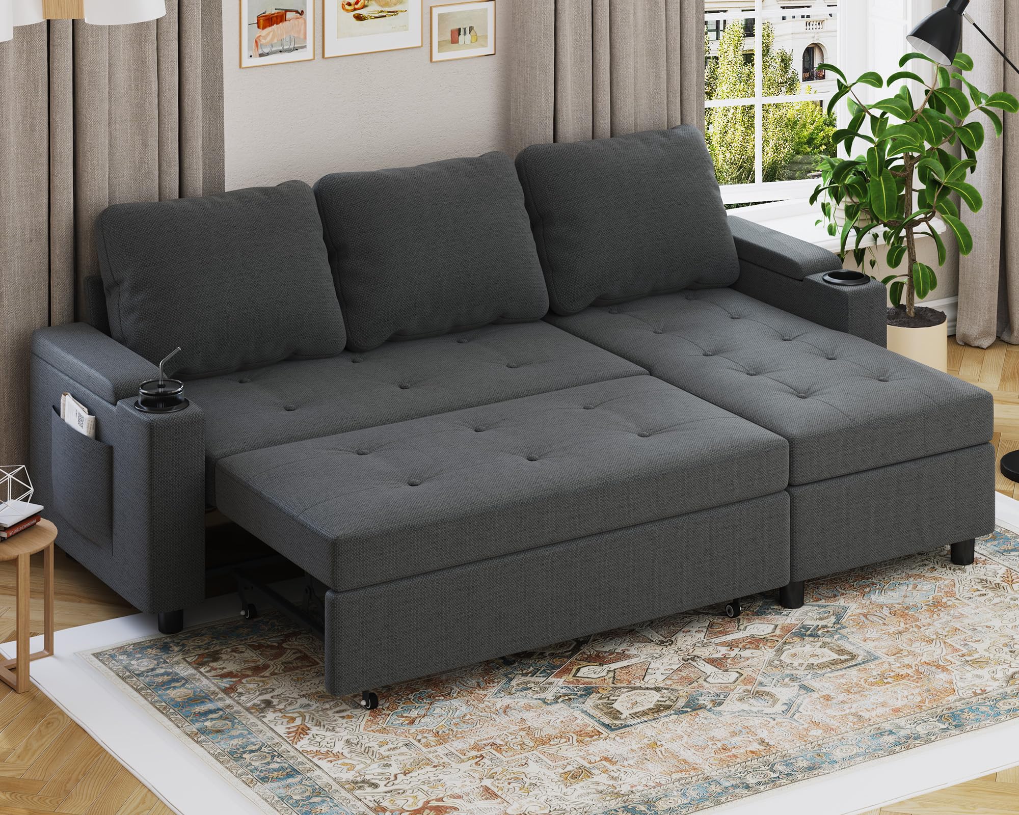 Devoko Ecksofa mit Schlaffunktion und Bettkasten L-Form Sofa 3-Sitzer Ausziehbares Schlafsofa Leinen Couch Kleines Schlafcouch für Wohnung und Wohnzimmer, Dunkelgrau Küche, Haushalt & Wohnen