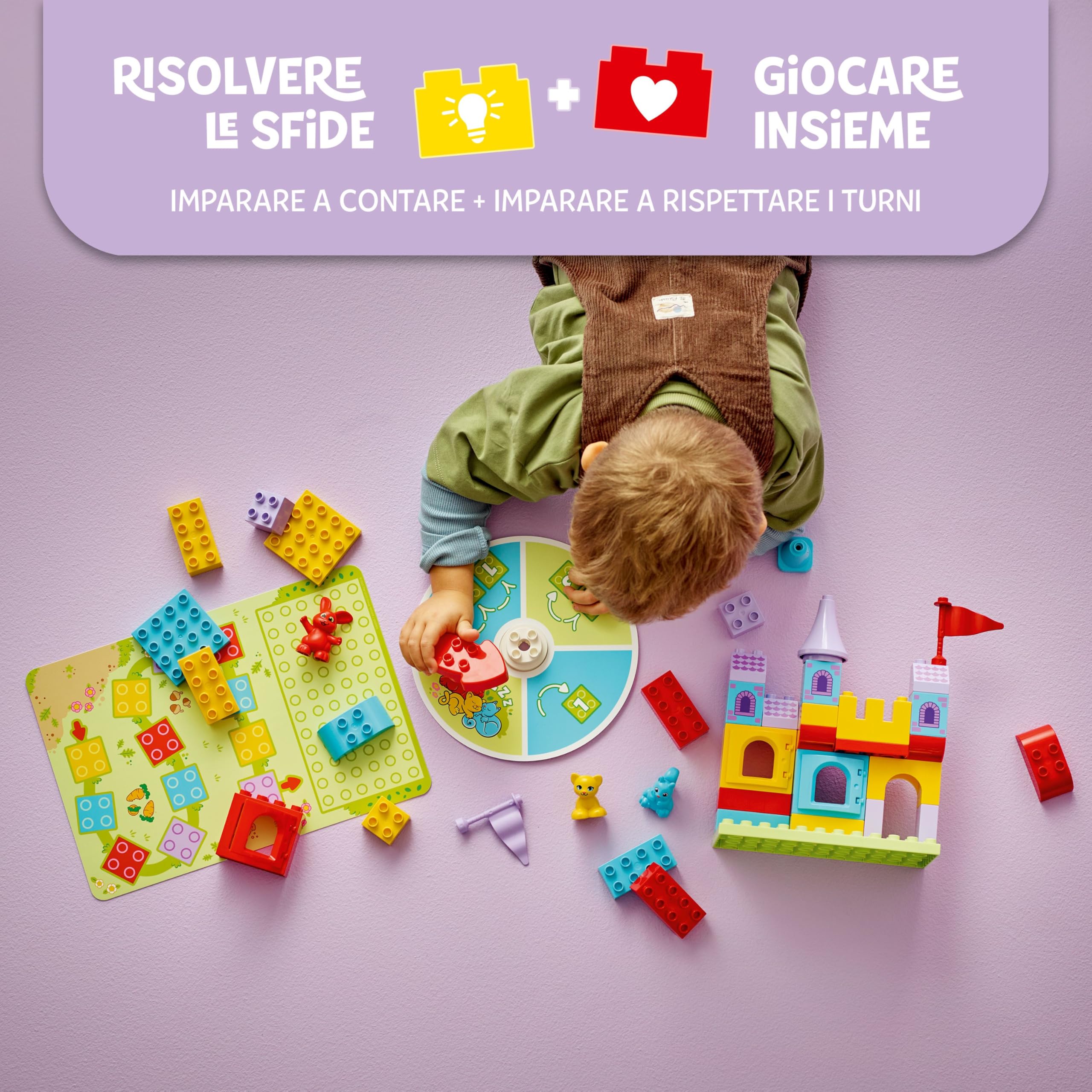 LEGO DUPLO Gioco al Castello con Salterello - Giochi Educativi per la Motricità Fine con 3 Animali Giocattolo, Castello e Gioco da Tavolo con Freccia Girevole - Regalo per Bambini da 3 Anni - 10450