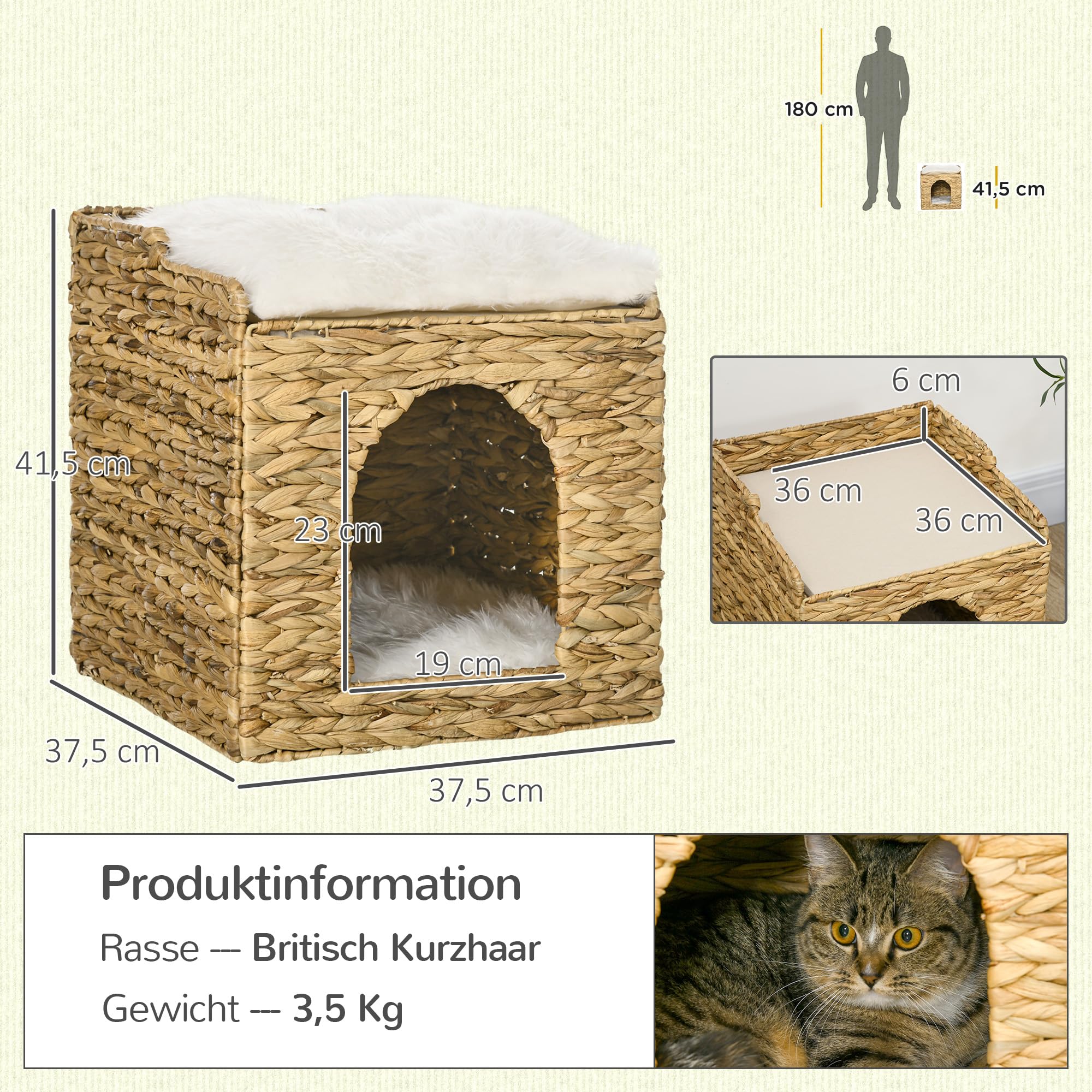 PawHut Rattan Katzenhaus, Katzenhöhle mit Kissen, Katzenbett mit 2 Ebenen, Katzenkorb, Katzenhütte für Katzen bis 5 kg, Wasserhyazinthengras, 37,5 x 37,5 x 41,5 cm, Braun