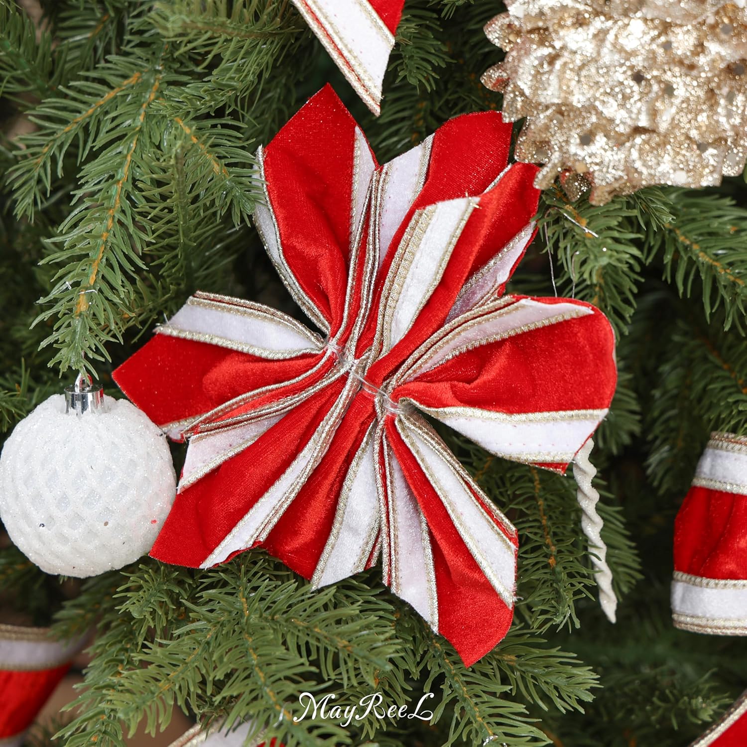 MAYREEL Double Color Red and White Velvet Wired Ribbon 2.5 Inch Christmas Tree Ribbon, 10 Yards Roll – Festive Holiday Craft, Gift Wrapping, Wreath Supplies, Bows, Garlands & Decoration