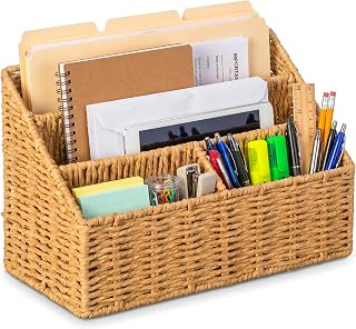 WICKERWISE Handwoven Paper Rope Desktop Organizer for Mail & Files, Natural