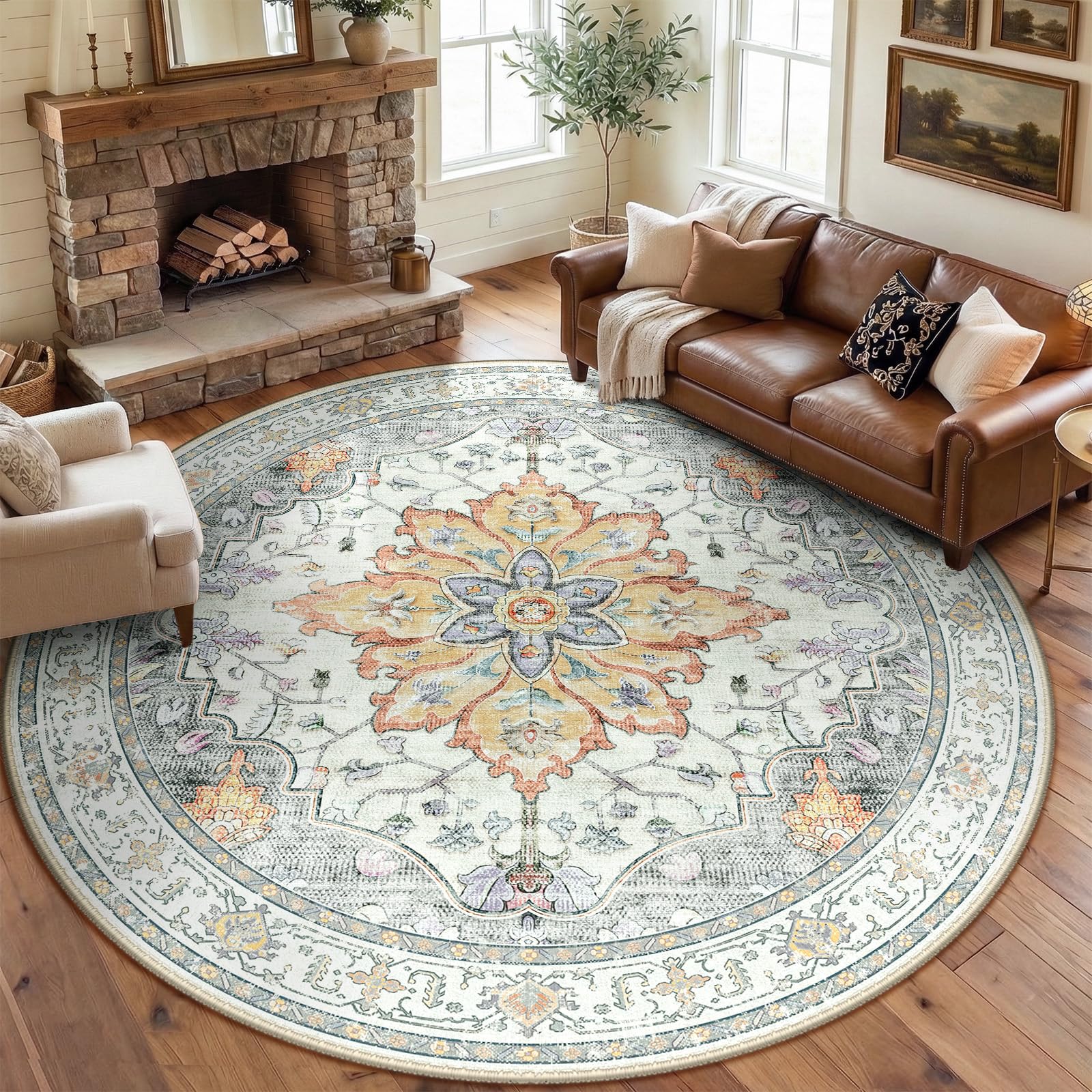 Photo 1 of RELEANY Area Rugs Round 8ft Washable Non-Slip, Floral Vintage Distress Medallion Carpet for Living Room Bedroom Dining Room, Beige Carbon Grey Orange