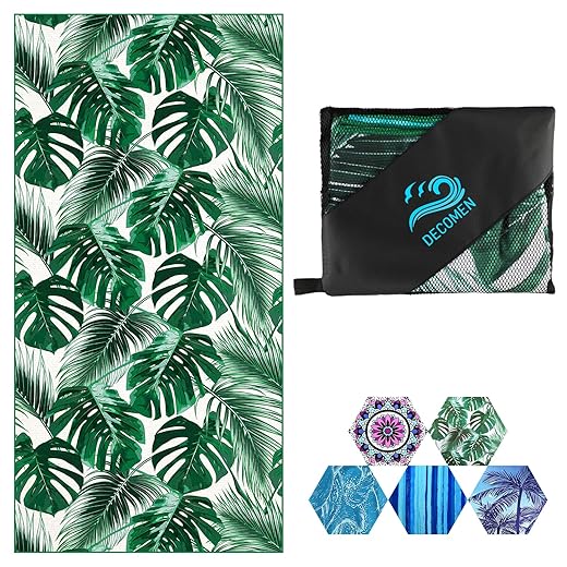 DECOMEN Beach Towel, Microfiber Beach Towels, Oversized, Quick Dry (73" x 35") Sand Proof, Absorbent, Compact, Beach Blanket, Lightweight Towel for The Swimming, Sports, Beach, Gym-Palm Leaf