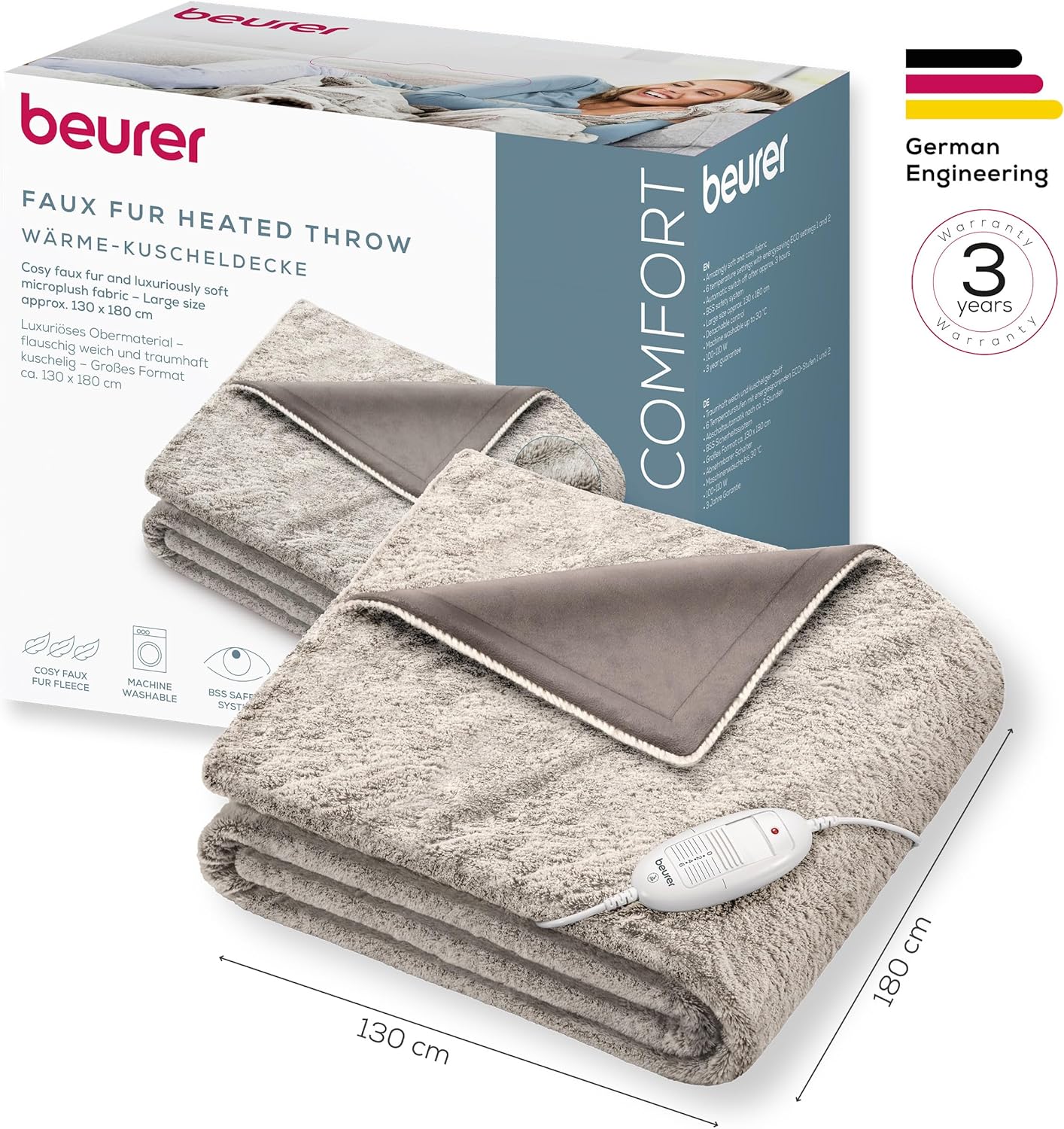 Beurer HD 75 Nordic Heated Throw packaging showing dimensions and 3-year warranty