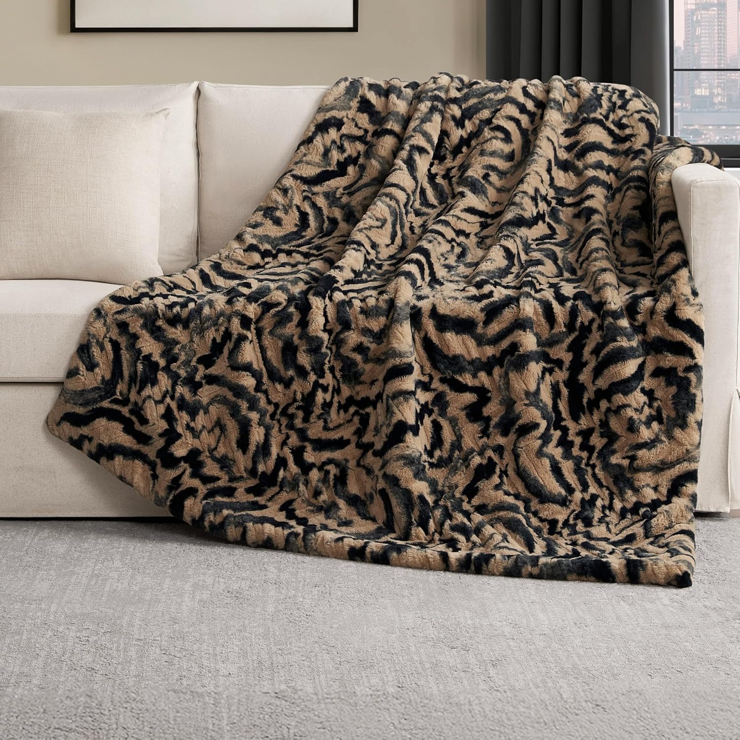 Nine West Faux Fur Throw Blanket, 50"x70", Evelyn Brushstrokes Brown