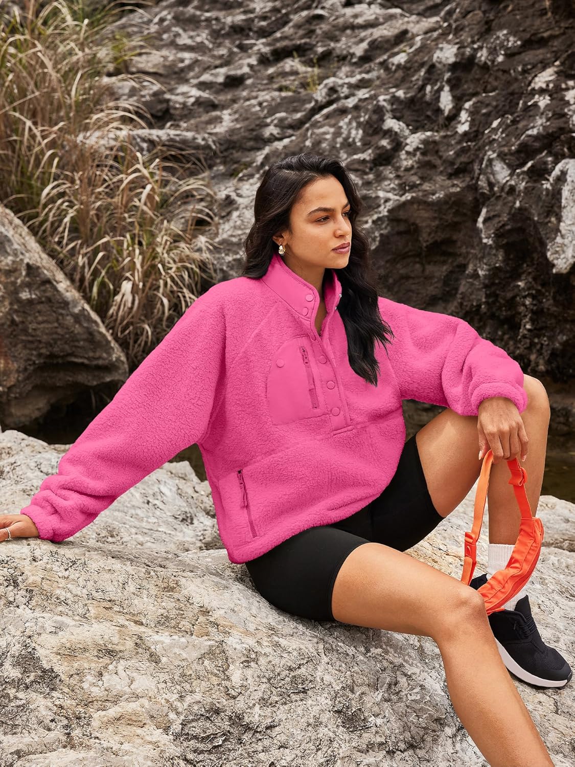 Nirovien Womens Fleece Pullover Long Sleeve Sherpa Jacket Button Down Fuzzy Sweatshirt Warm Outwear with Pockets - Image 6