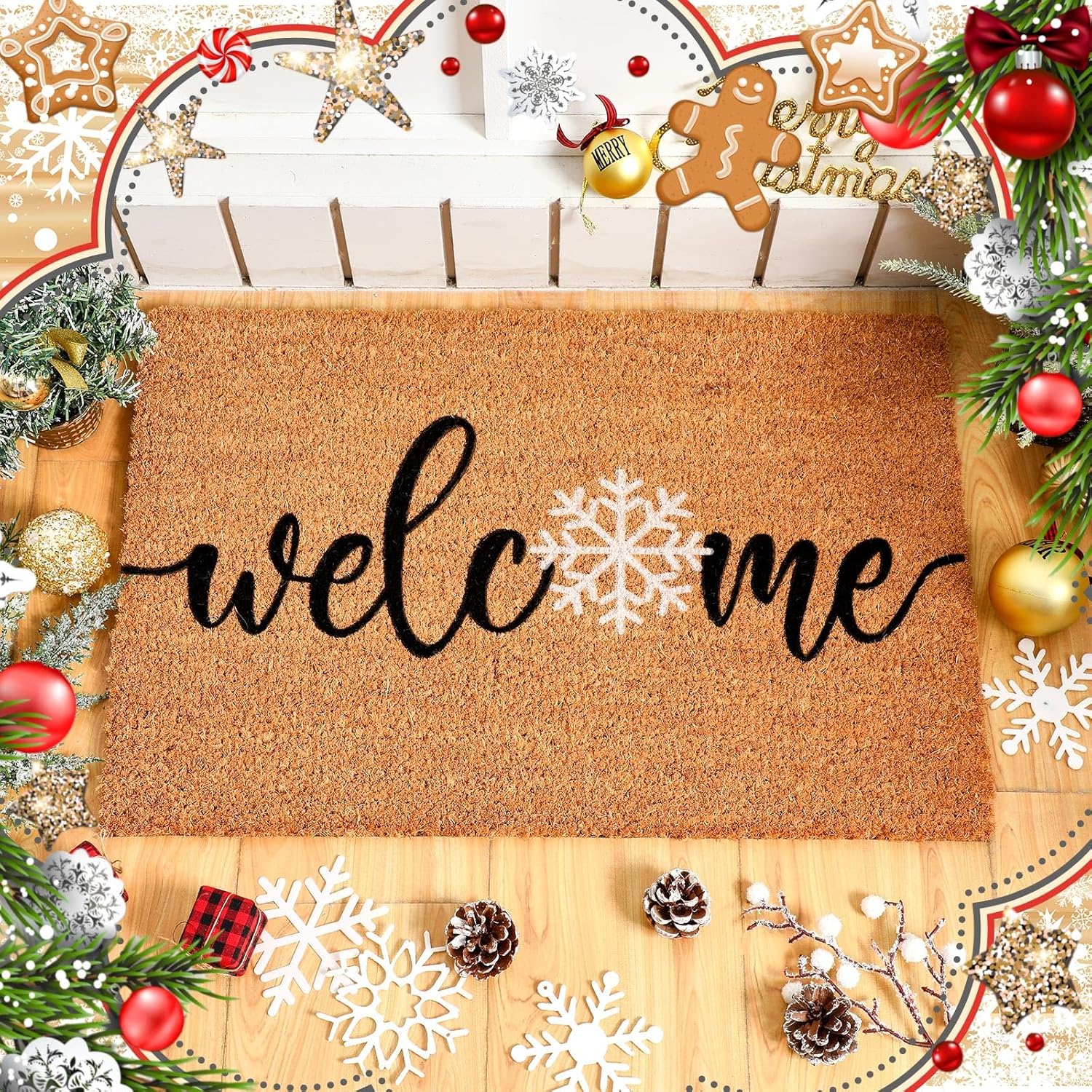 Ceenna Winter Coir Door Mats Snowflake Welcome Doormat Xmas Winter Non Slip Floor Mats Indoor Entrance Snowflake Door Mat Porch Front Decor, 24 x 16 Inch