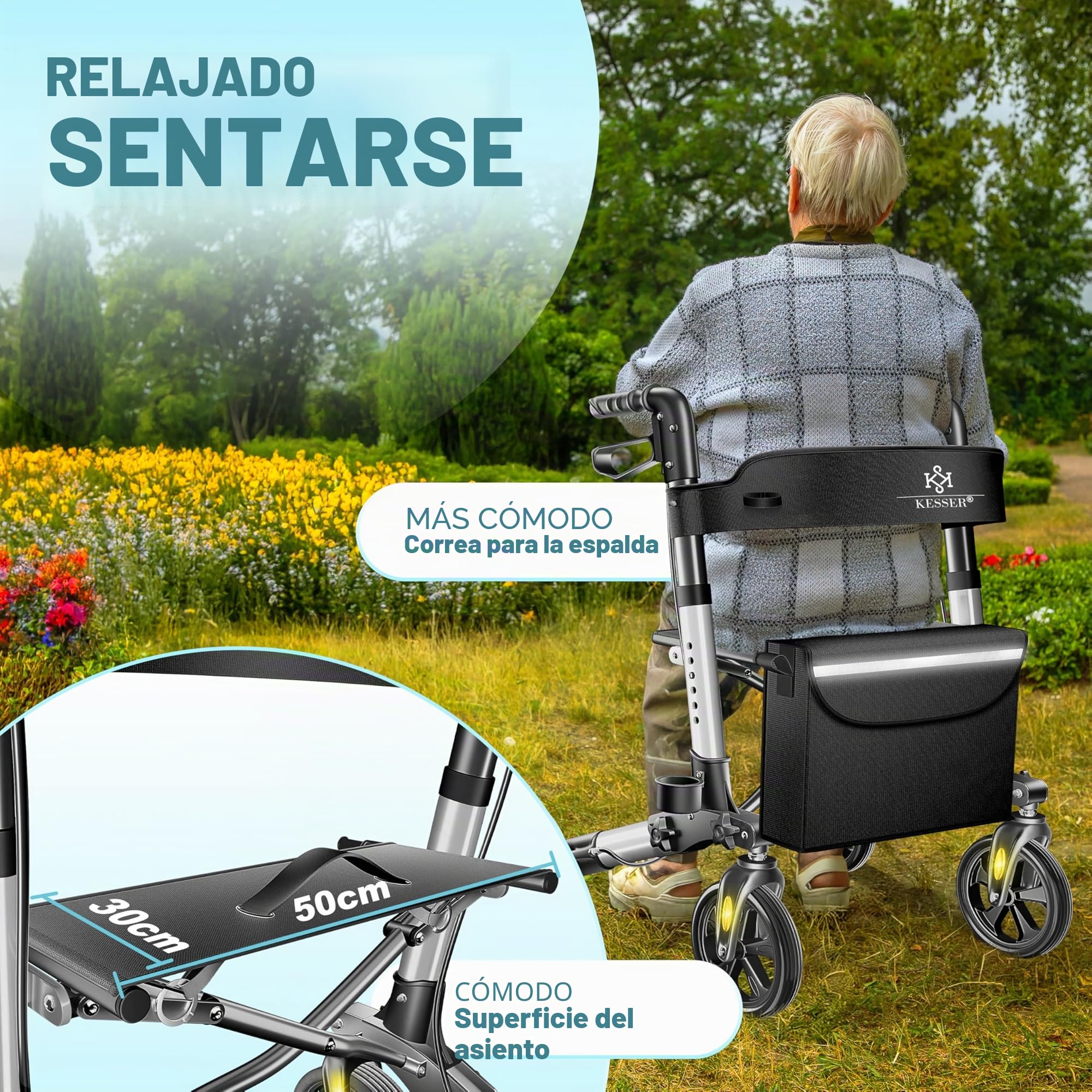 KESSER® Andador plegable con asiento y respaldo, 4 Ruedas/Frenos/Saco de Compra y Porta Bastón, Altura Ajustable 82-94cm, Andador, Carro, Rollator para Ancianos