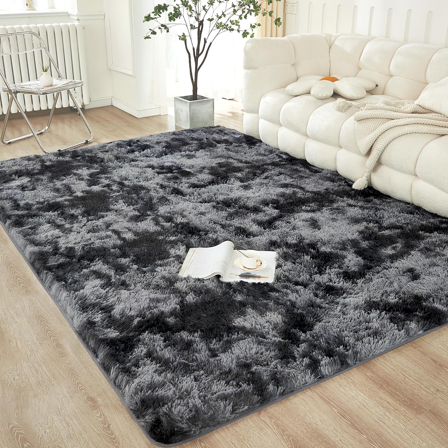 annadaif Large Fluffy Rug for Bedroom, 6x9 Dark Grey Fuzzy