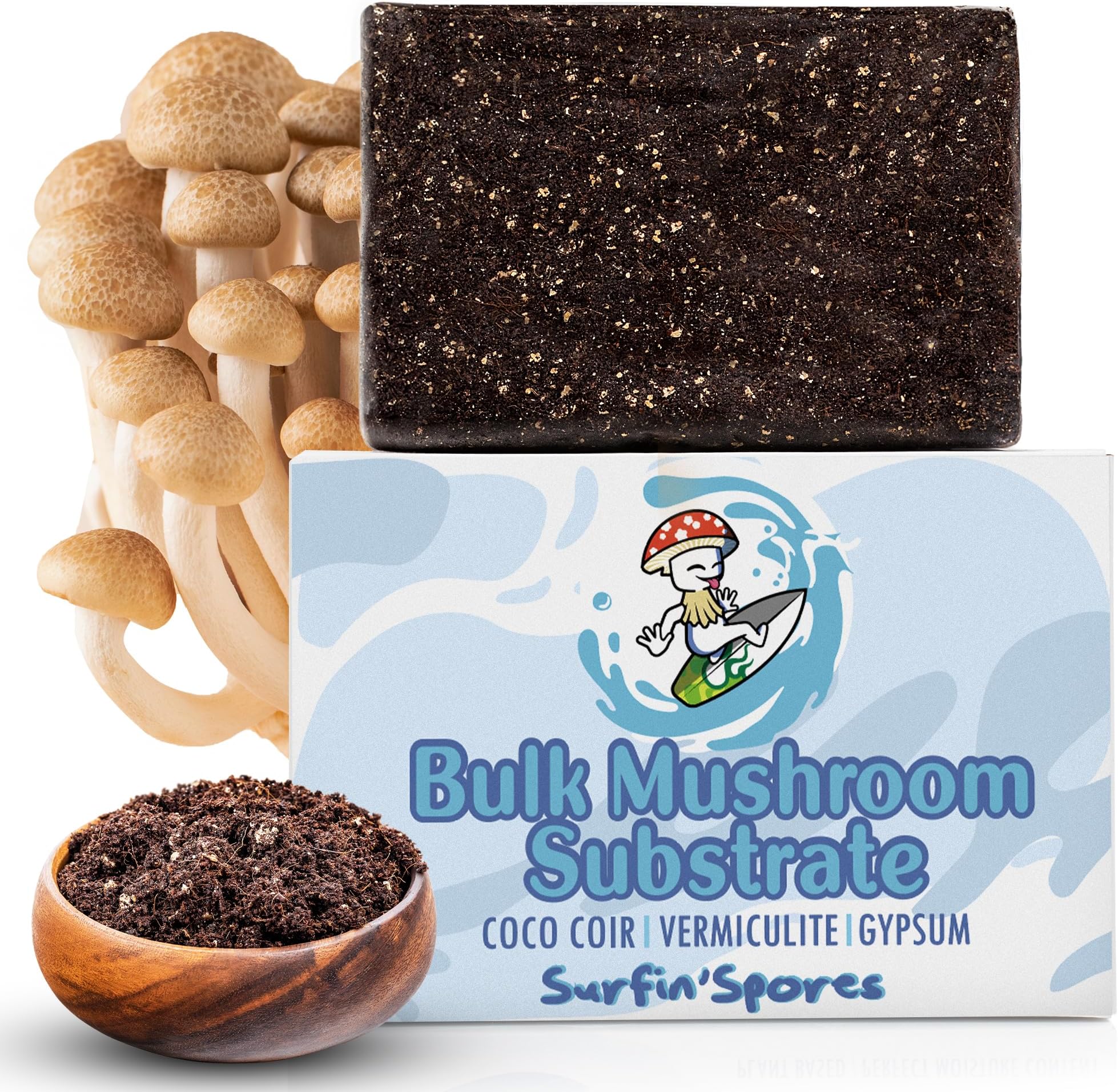 Surfin' Spores Premium Mushroom Substrate - 20 lbs Bulk CVG Blend for Monotub Cultivation - Pasteurized Coco Coir, Vermiculite & Gypsum Mix - Professional Mycologist Formula for Growing Mushrooms