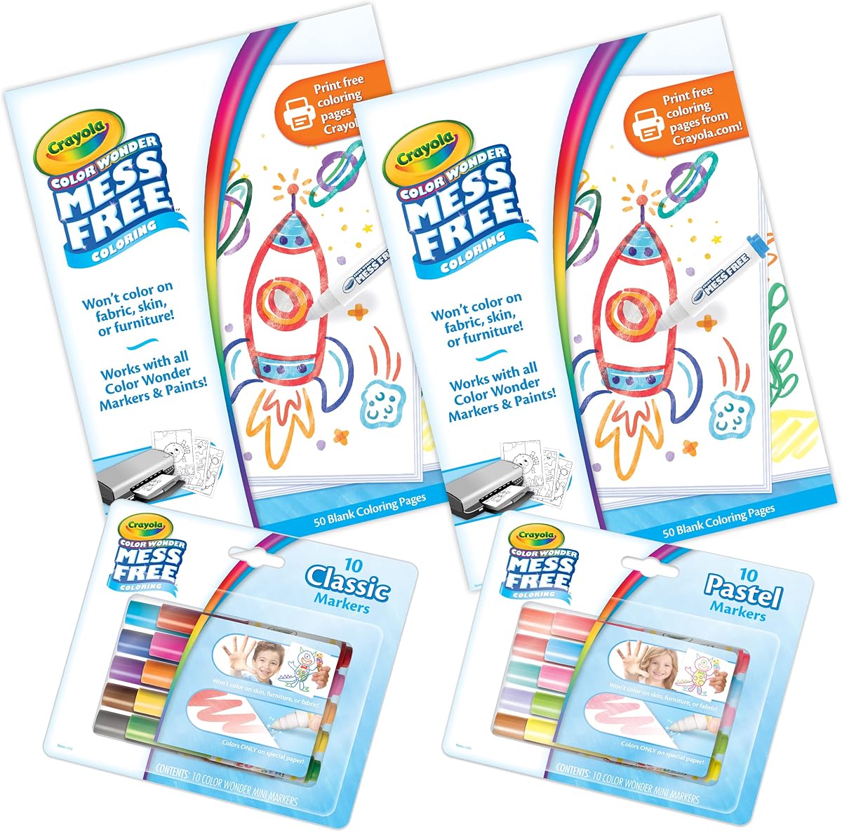 Crayola Color Wonder Kit para colorear sin desorden (120 unidades), 100 páginas para colorear sin desorden y 20 mini marcadores, actividad de viaje para niños pequeños, regalo para niños pequeños