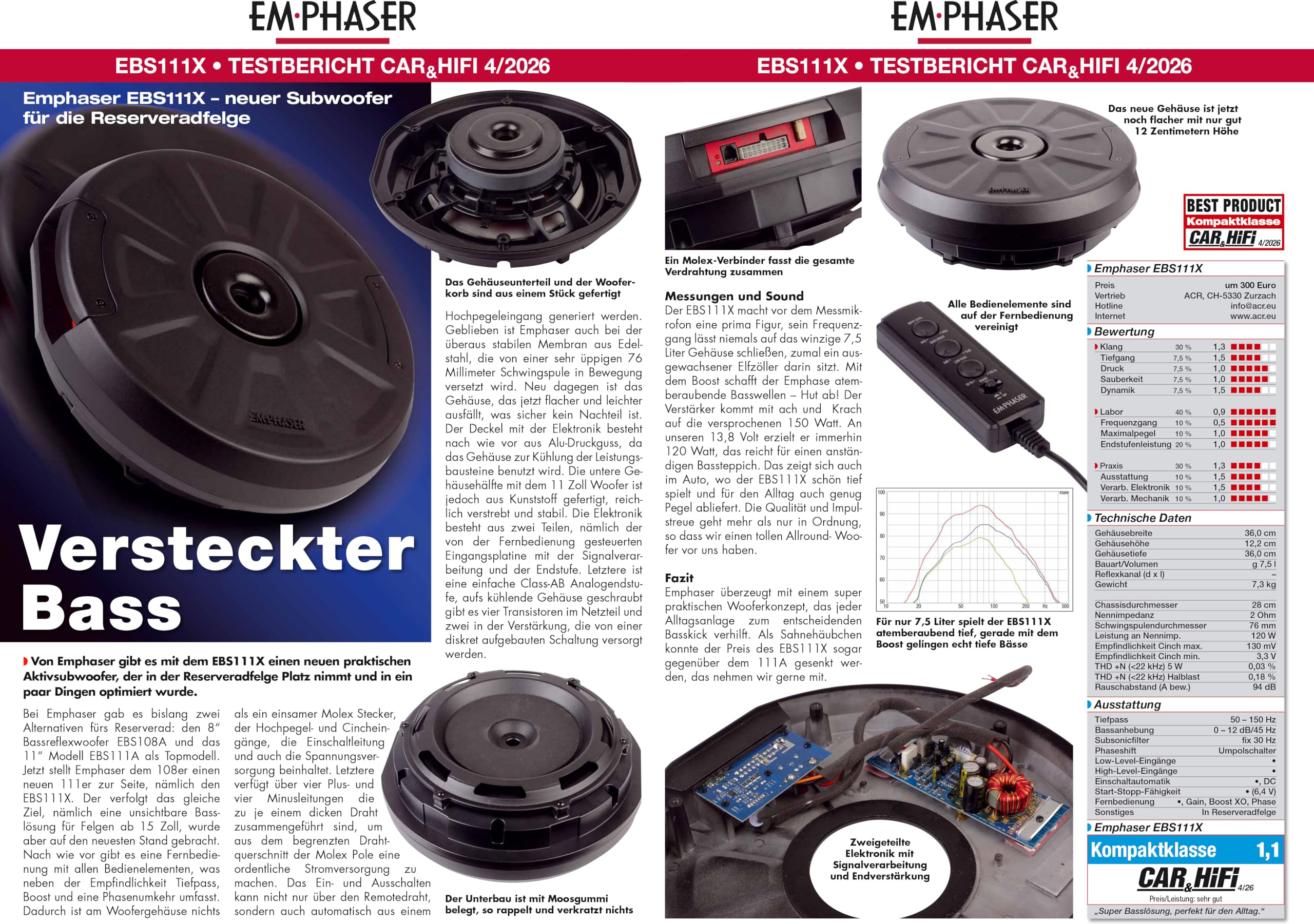 EMPHASER EBS111X – Aktivsubwoofer für Reserveradmulde oder Ersatzrad – 28 cm / 11" Auto Subwoofer mit 300 W Verstärker, kompakte Car-Audio Bassbox, nur 120 mm Bauhöhe