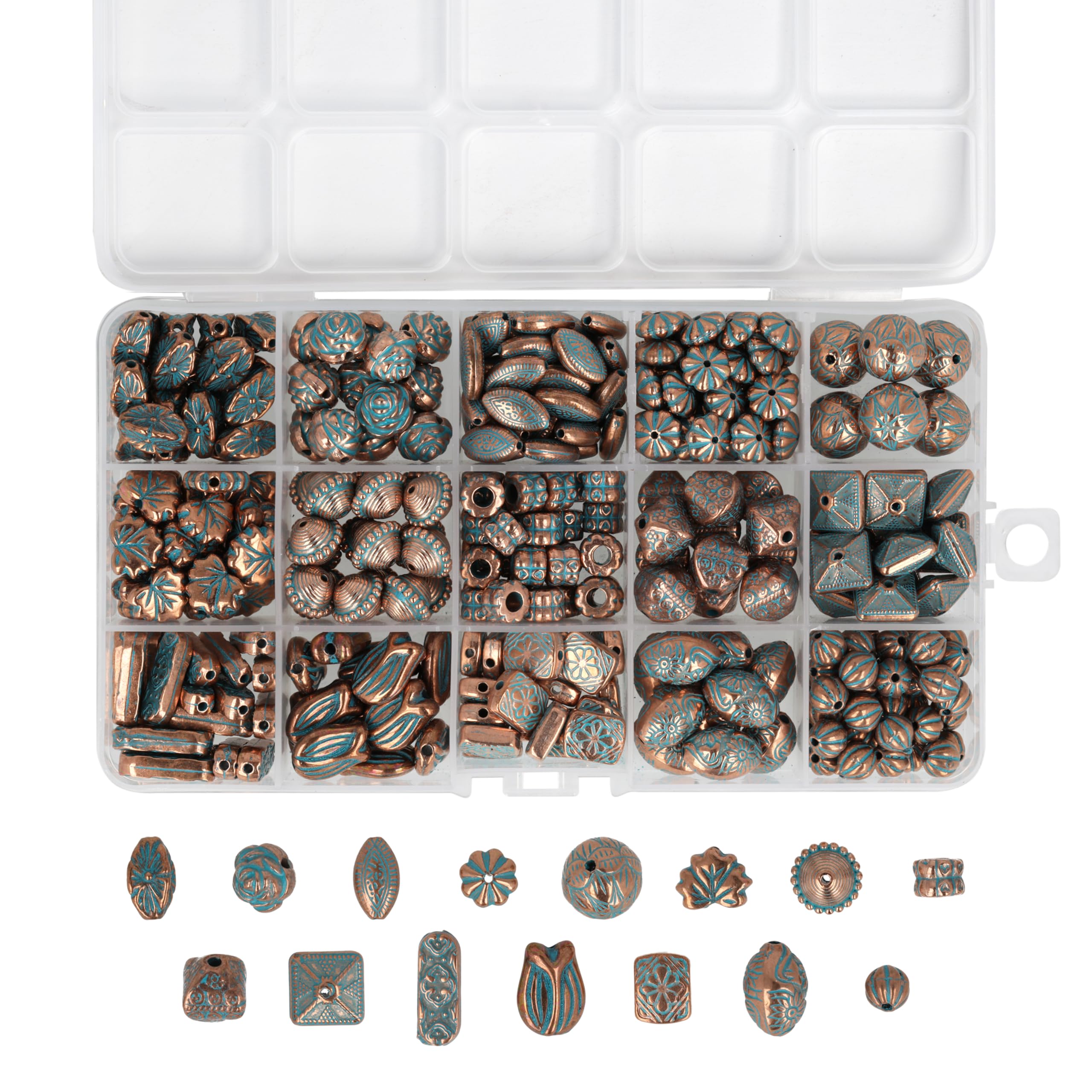 The Beadsmith Zestaw koralików akrylowych – koraliki mieszane w kolorze turkusowym i miedzianym, ok. 300 szt., 15 kształtów (5 – 19,3 mm), zestaw do tworzenia biżuterii i bransoletek