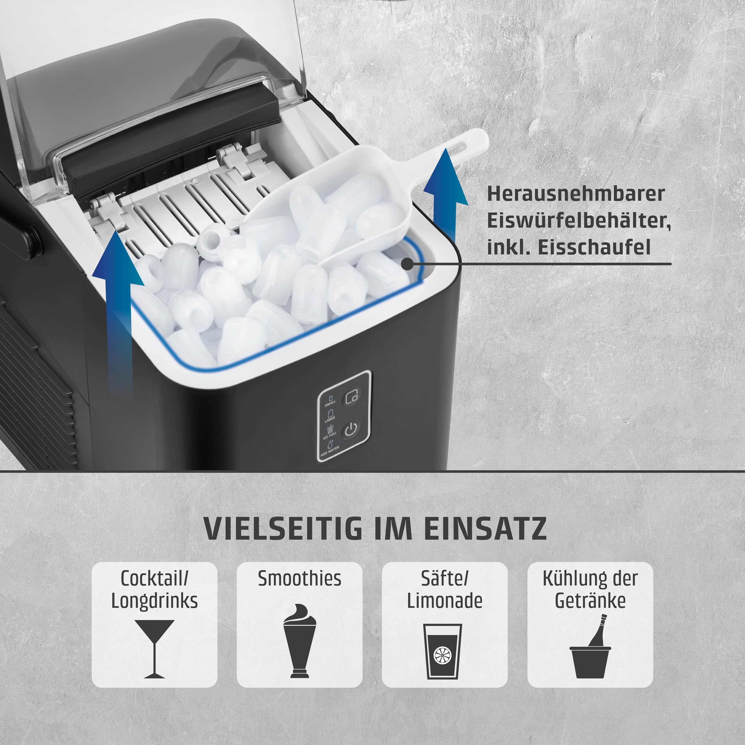 Caso IceChef Compact- Eiswürfelmaschine, schnelle Eiswürfel, Produziert 500g in 1h bzw. 12 kg in 24 h, 1 l Wassertank, Selbstreinigungsfunktion, Eiswürfelbereiter mit Tragegriff, inkl. Eisschaufel