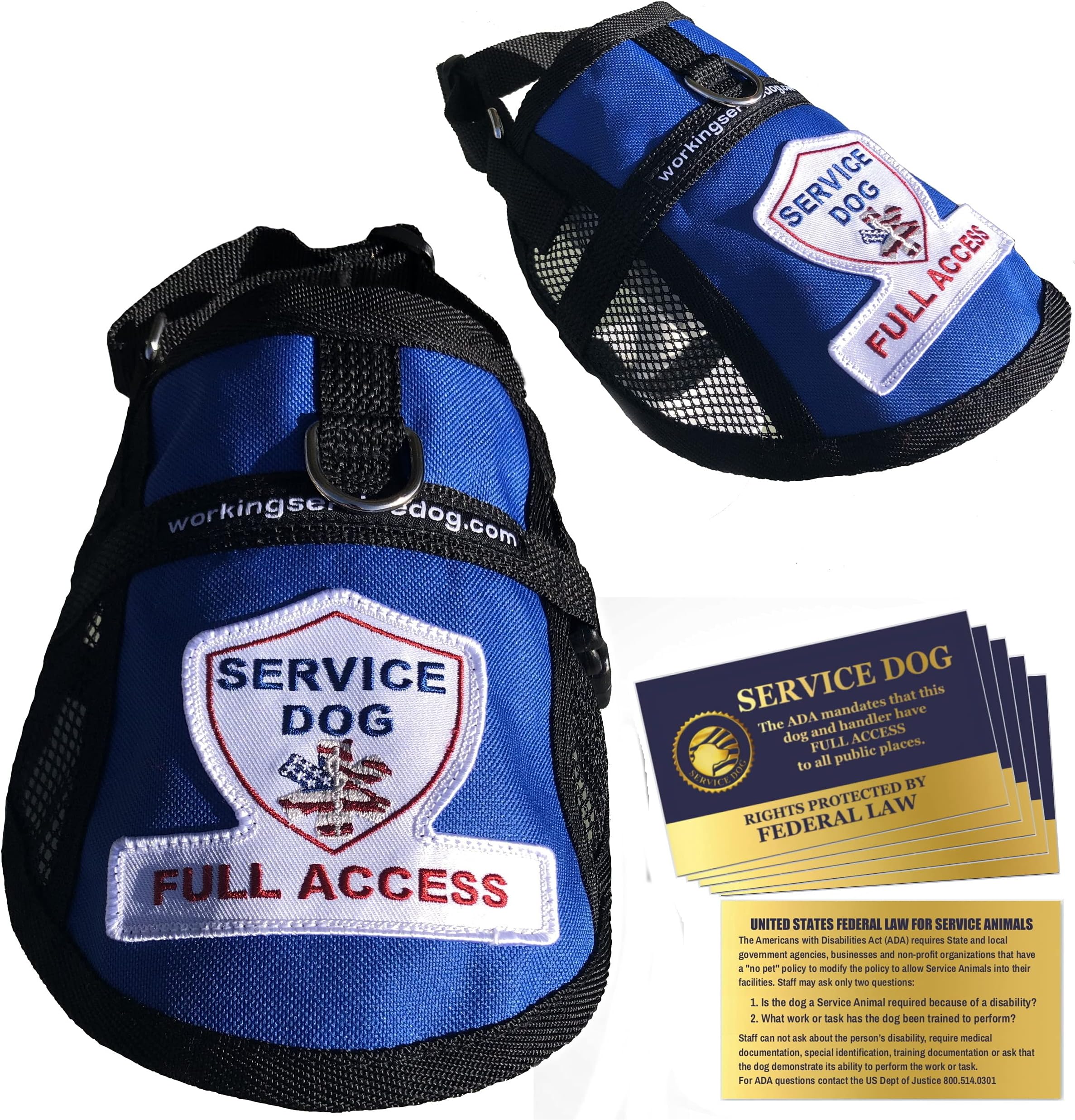 Premium Service Dog Mesh Full Access Vest - (28-31" Girth, Blue) - Includes Five Service Dog Law Handout Cards