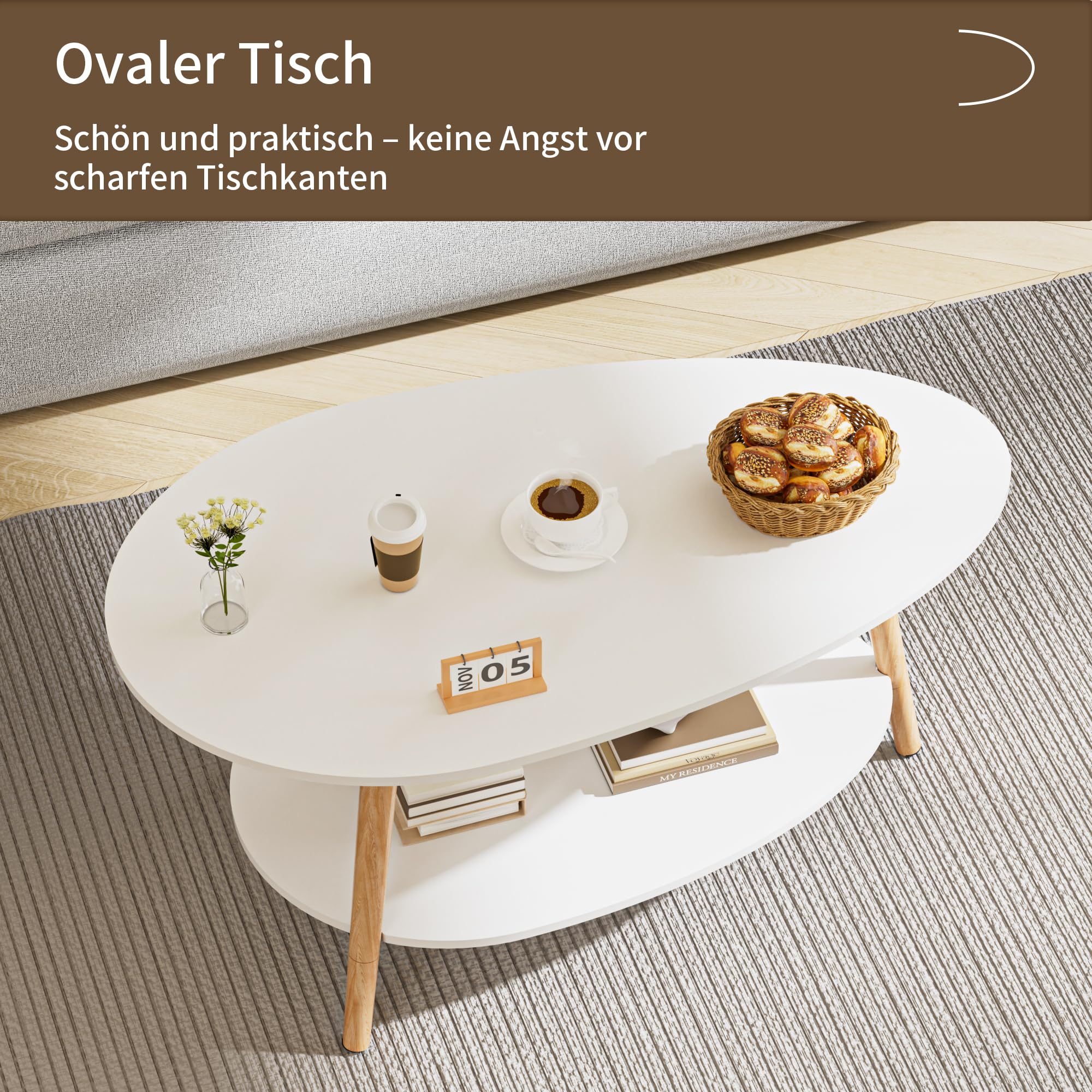 BonVache Massivholz Teetisch, Oval-Doppelschicht-Couchtisch, Runder Tisch für das Wohnzimmer, Couchtisch, Seitentisch, Teetisch, weiß