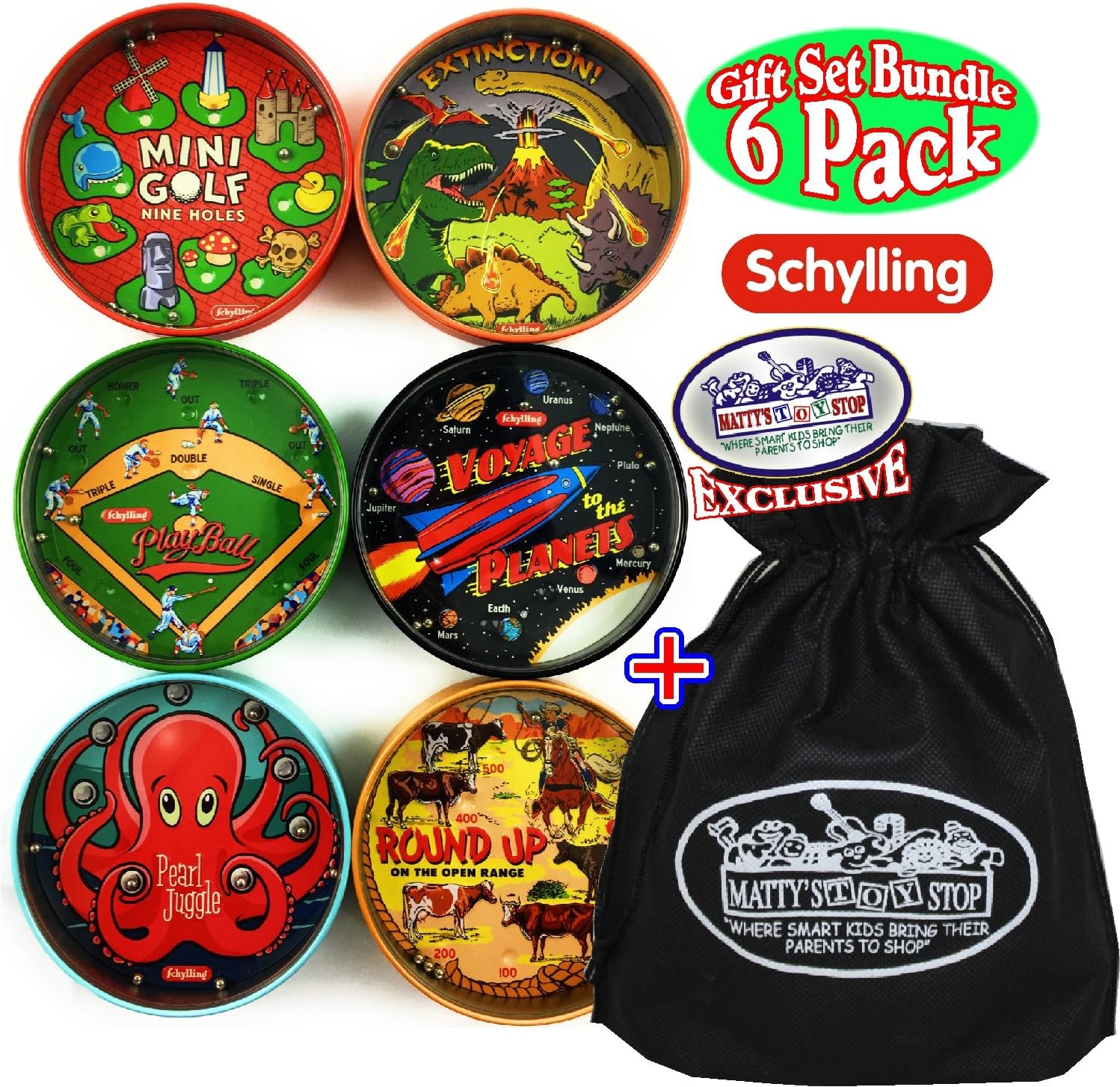 Schylling Classic Tin BB Puzzle Games Complete Gift Set Bundle with Exclusive Matty's Toy Stop Storage Bag - 6 Pack