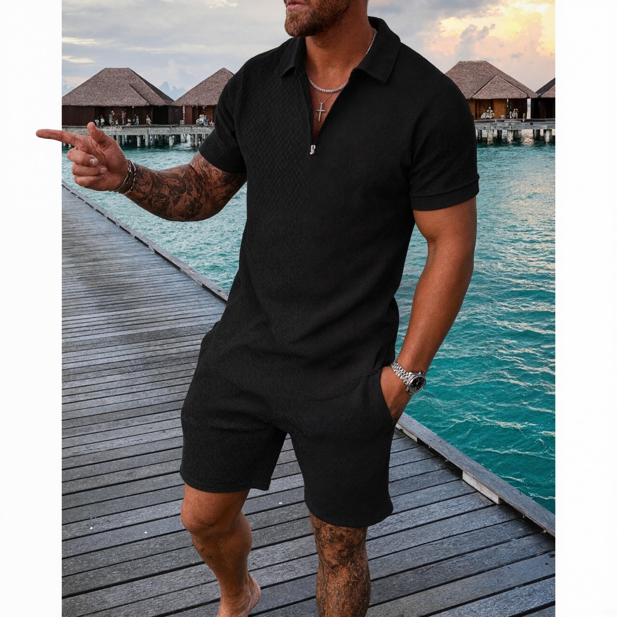 Conjunto de camiseta polo y pantalones cortos para hombre, 2 piezas, traje de verano con textura 3D, manga corta — view 2