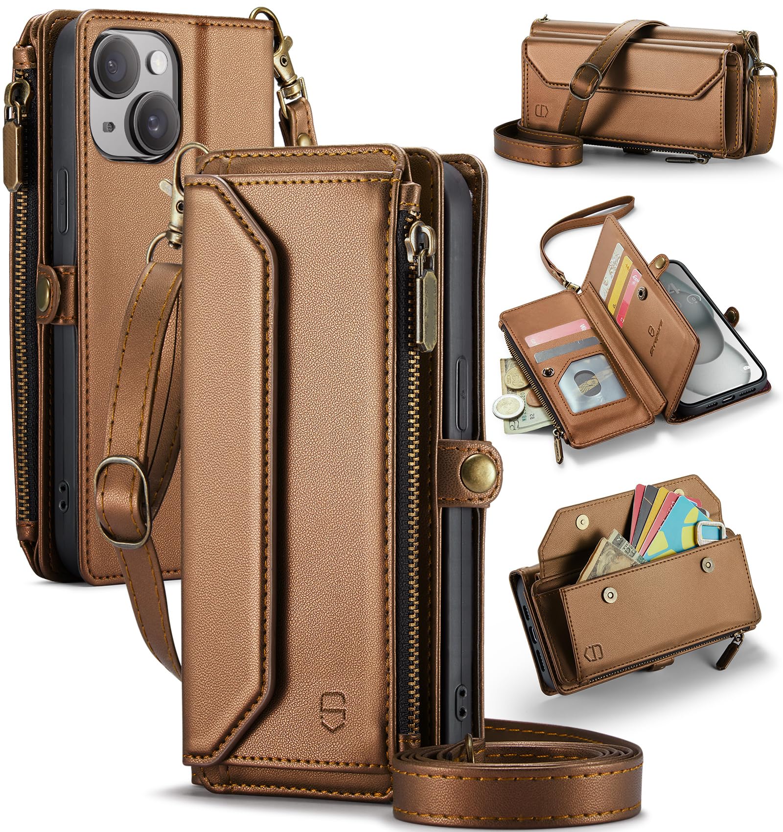 Strapurs Wallet Case Compatible with iPhone 15 RFID Blocking 7-Card Holder Soft PU Leather Magnetic Snap Shoulder Strap Zipper Pocket Phone Case Fit