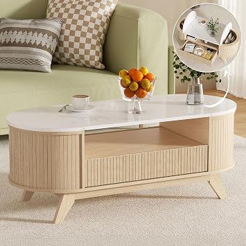 Oval Coffee Table with Storage, Mid Century Modern Center Table for Living Room, Fluted Coffee Table with Hidden Storage Space, Open Shelf & Drawer, Natural Wood
