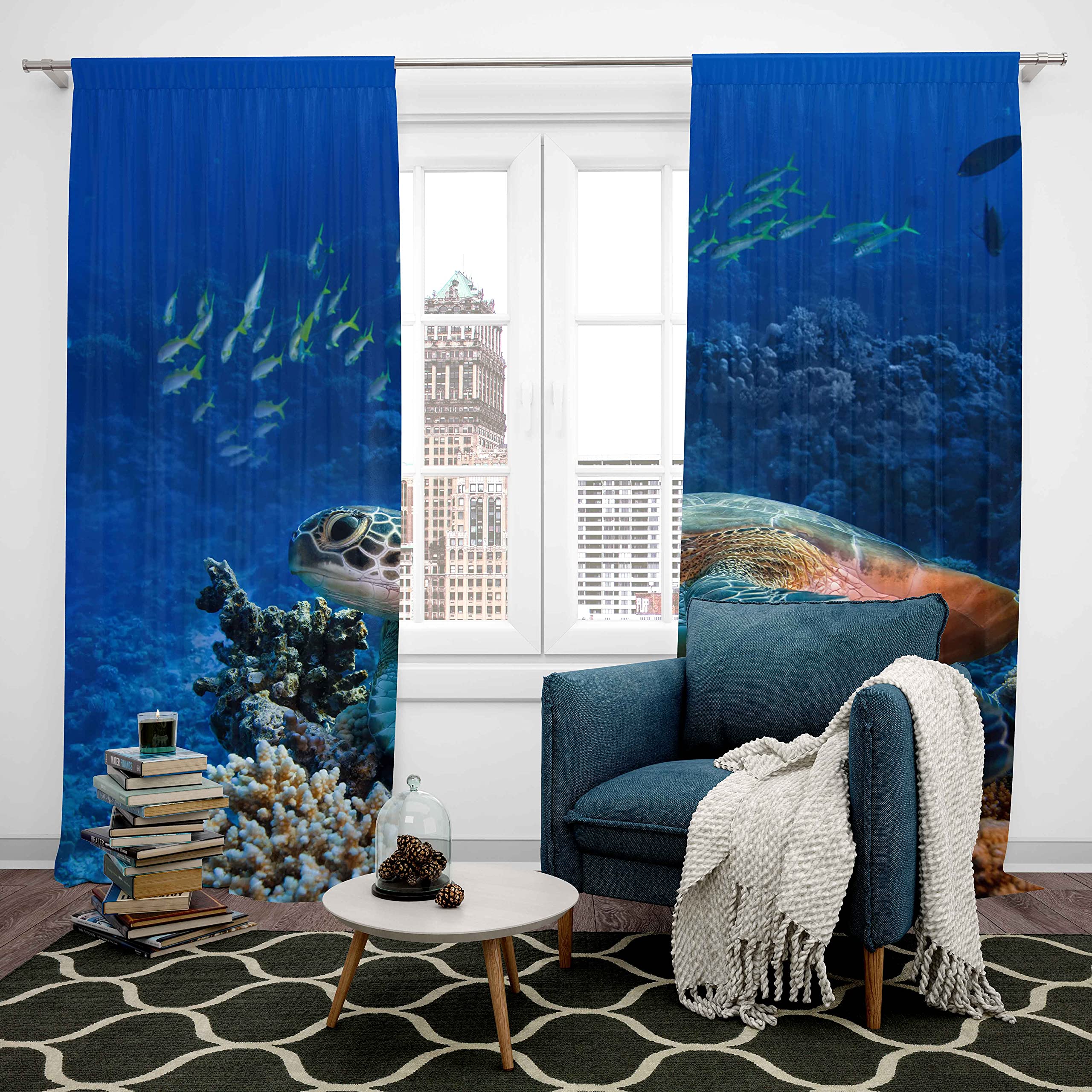 Loussiesd Sea Turtle Drapes for Kids Boys Girls Teens Tortoise Reptile Ocean Marine Underwater Animal Window Curtains Blue Breathable Window Curtains W46*L54 - Image 3