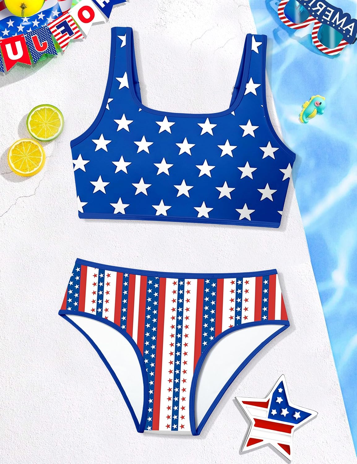 NECIOUS Teen Girls Swimsuits Two Piece Sporty Bikini Sets Color Contrast Trim Adjustable Straps Swimsuit with Chest Pad