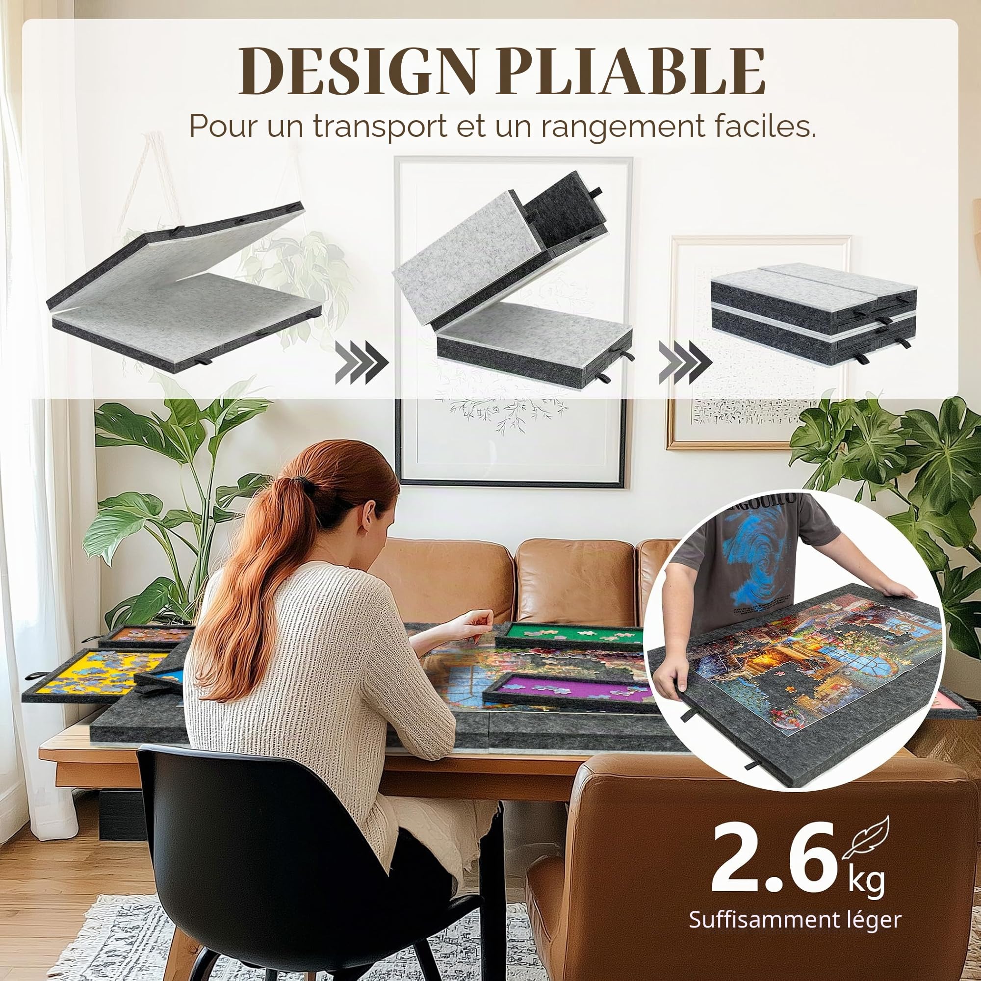 Lavievert Puzzle pliable avec 6 compartiments de tri, table portable légère avec tapis, planche en feutre pour ranger des puzzles