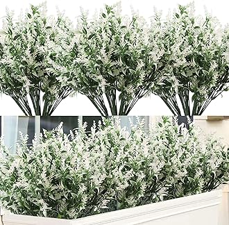 Artificial Flowers UV Resistant Outdoor Plants 12 Bundles Fake Plastic Lavender Outdoor Plant Bush Faux Shrubs for Garden Yard Shelf Hanging Decoration(White)