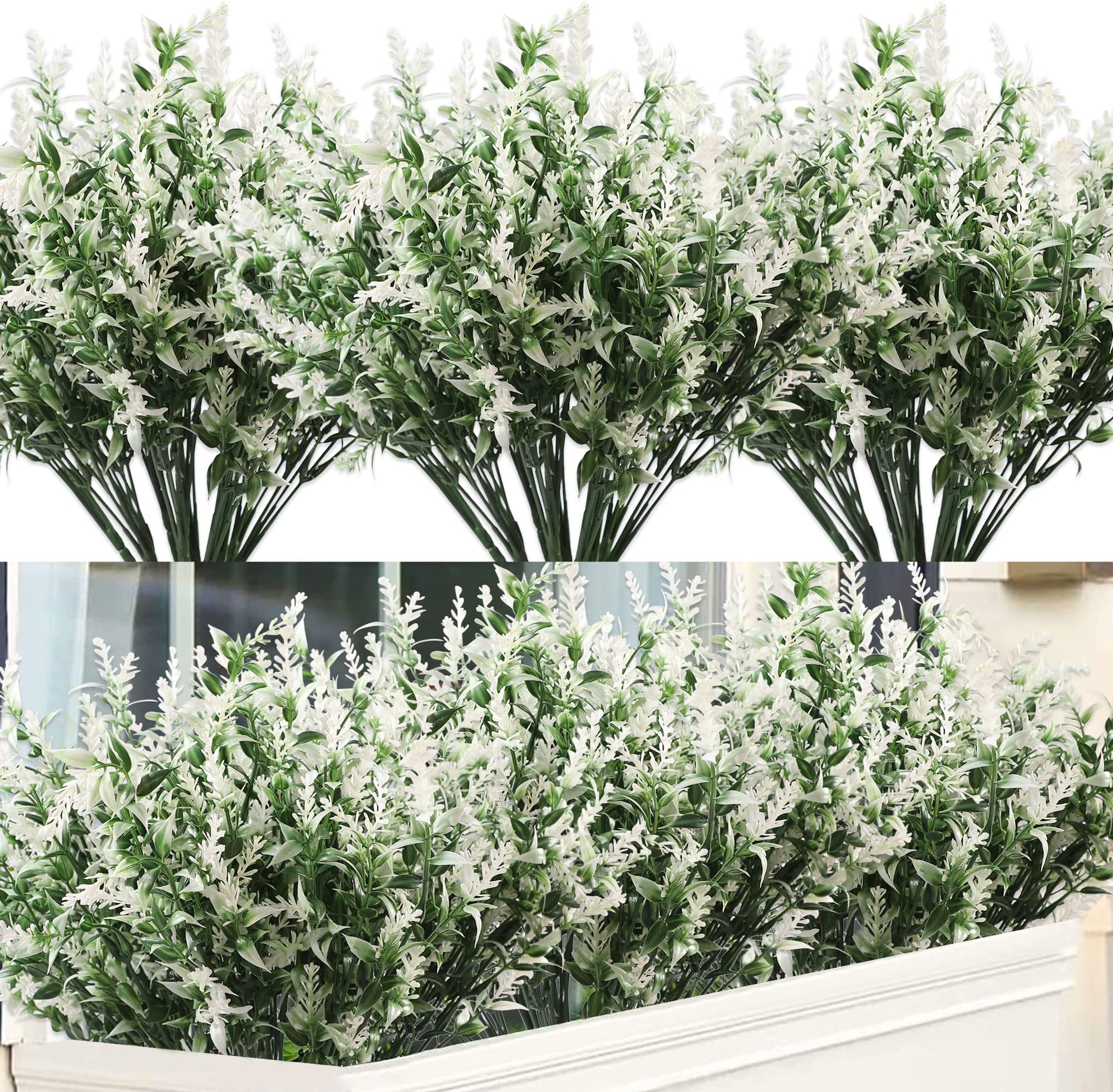 Homcomodar Artificial Flowers UV Resistant Outdoor Plants 12 Bundles Fake Plastic Lavender Outdoor Plant Bush Faux Shrubs for Garden Yard Shelf Hanging Decoration(White)