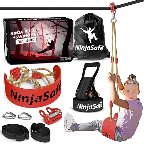 Adventurous Ninja - Kit de polea para niños, diversión al aire libre con 70 pies, línea floja y asiento oscilante ajustable, kit de línea deslizante