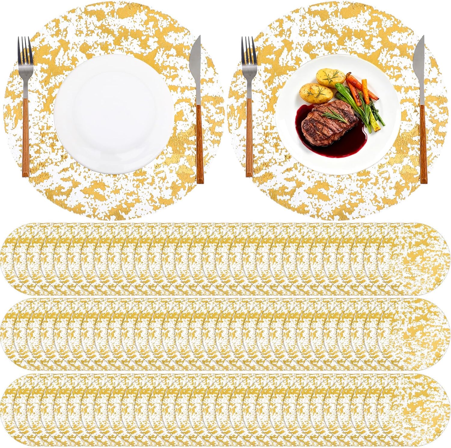 100 Pcs Disposable Gold Placemats Set, 13" Round Metallic Gold Foil Mesh Table Doilies, Metallic Thin Mesh Pressed Table Runner Golds Charger Doilies for Wedding Birthday Party Dining Decor