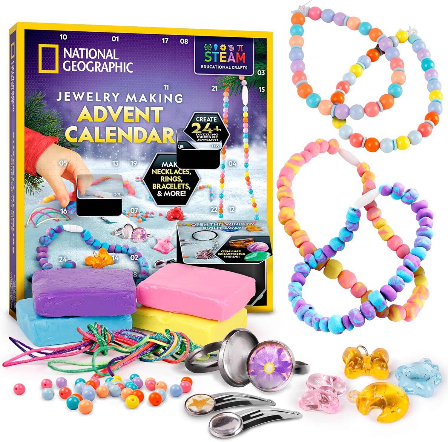 NATIONAL GEOGRAPHIC 2025 Jewelry Making Advent Calendar – Create 24+ Pieces of Jewelry, Christmas Countdown Calendar, Holiday Craft Kit for Kids with Beads, Clay, Charms & Tools, Educational Gifts