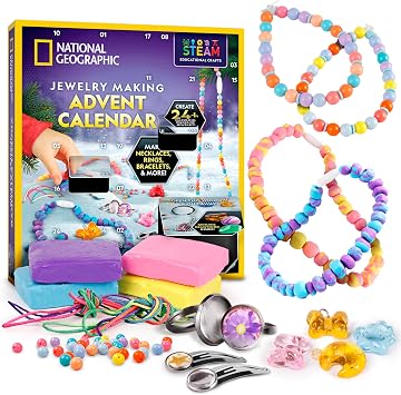 NATIONAL GEOGRAPHIC 2026 Jewelry Making Advent Calendar Create 24+ Pieces of Jewelry, Countdown Calendar, Holiday Craft Kit for Kids with Beads, Clay, Charms & Tools, Educational Gifts