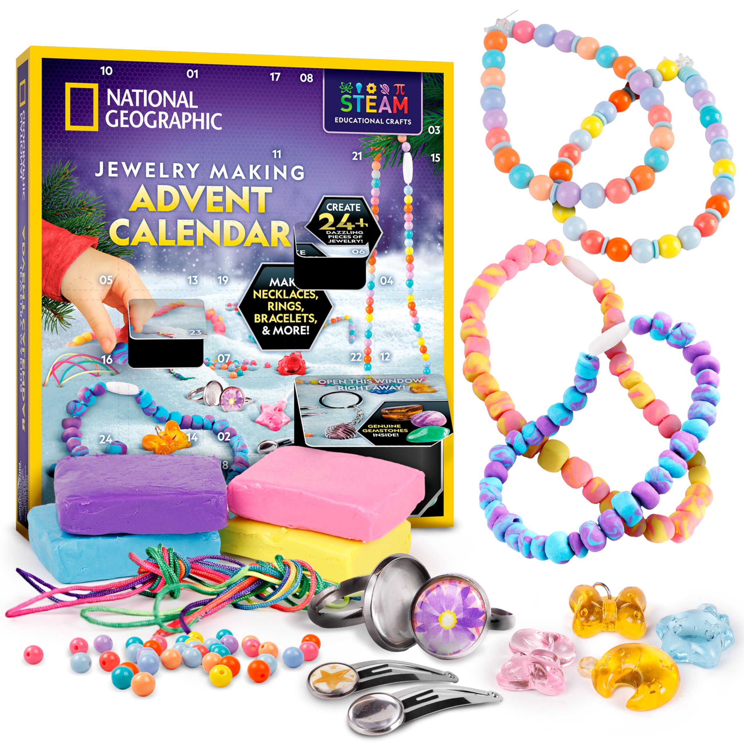 NATIONAL GEOGRAPHIC 2025 - Calendario dell'Avvento per la creazione di gioielli, per creare oltre 24 gioielli, calendario per il conto alla rovescia di Natale, kit di artigianato natalizio per bambini