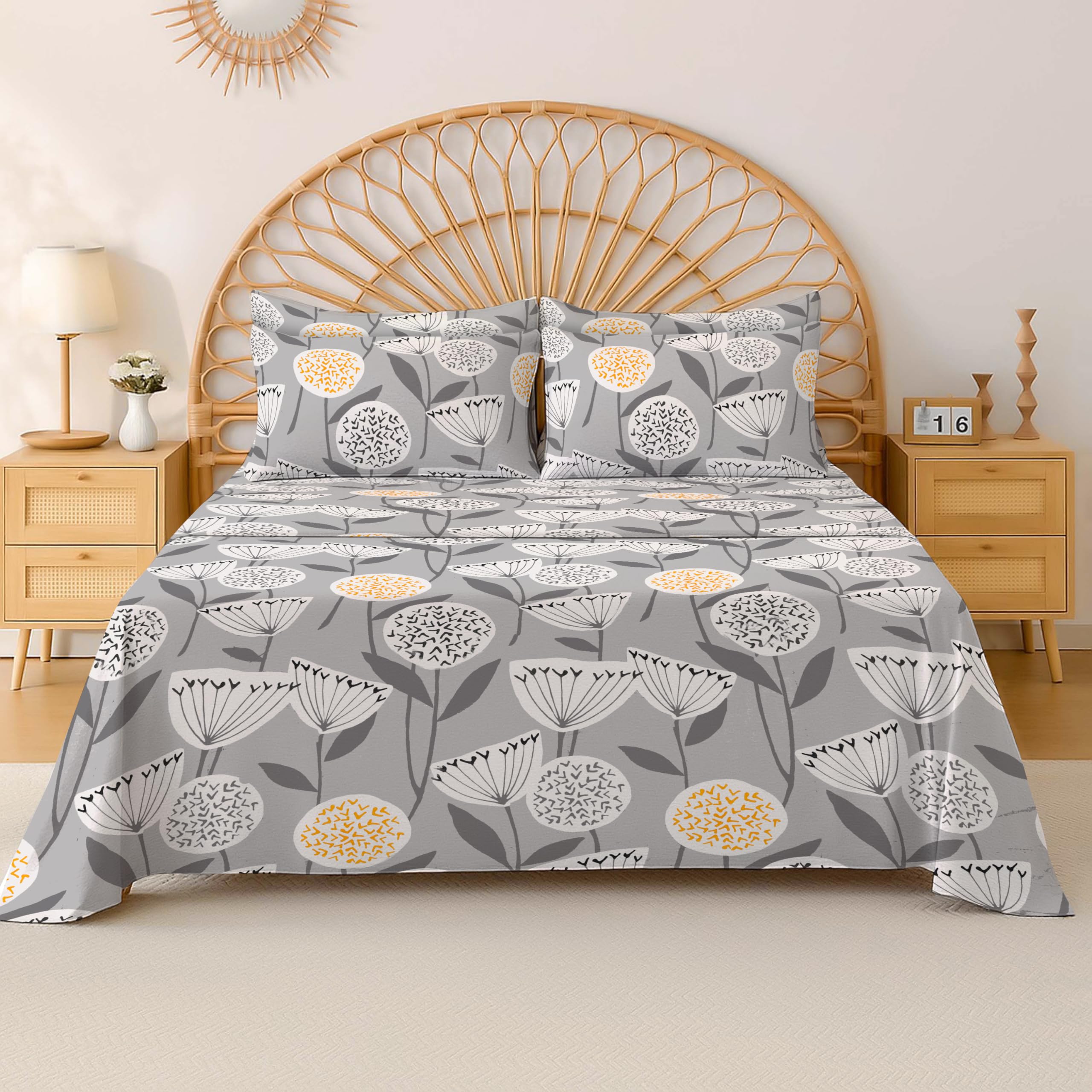 Eversoft Bedding Floral Grey Egyptian Cotton Flat Sheet Double Bed, 400Tc Cooling Soft Fabric, Premium Floral Flower Print Top Sheet, Luxury Bed Sheet For Double Size