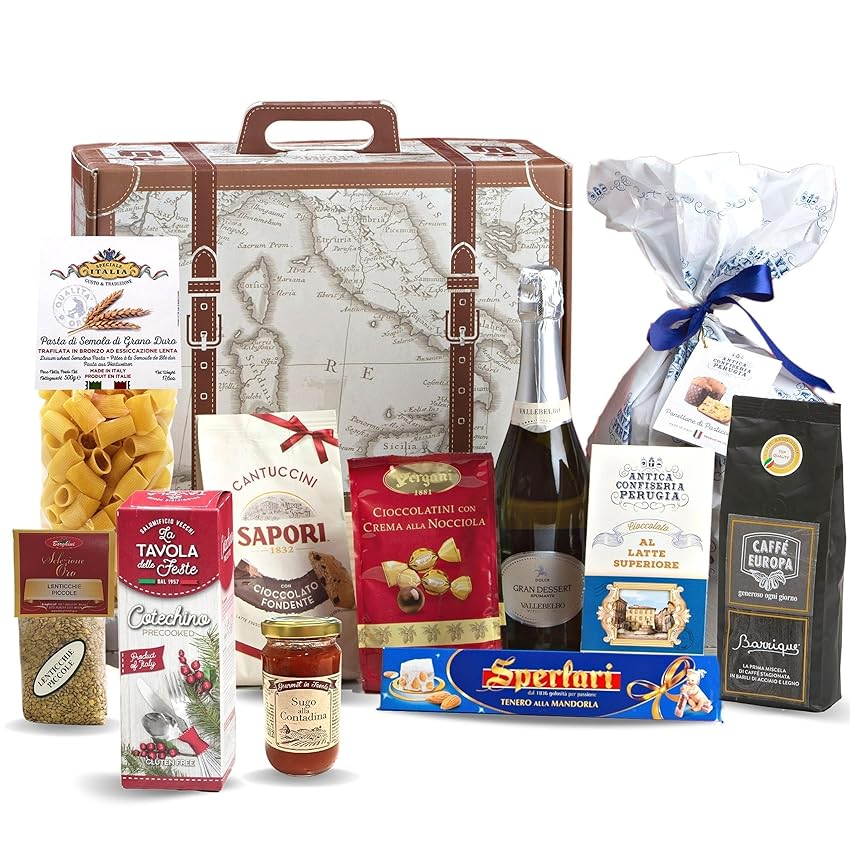 Immagine del prodotto Cesti Natalizi Speciale Italia – Confezione Regalo Alimentare Viaggio nel Gusto a Forma di Valigia Versione Classica, con Panettone da 500g, Spumante, Prodotti Gastronomici e Dolciari, 11 pezzi