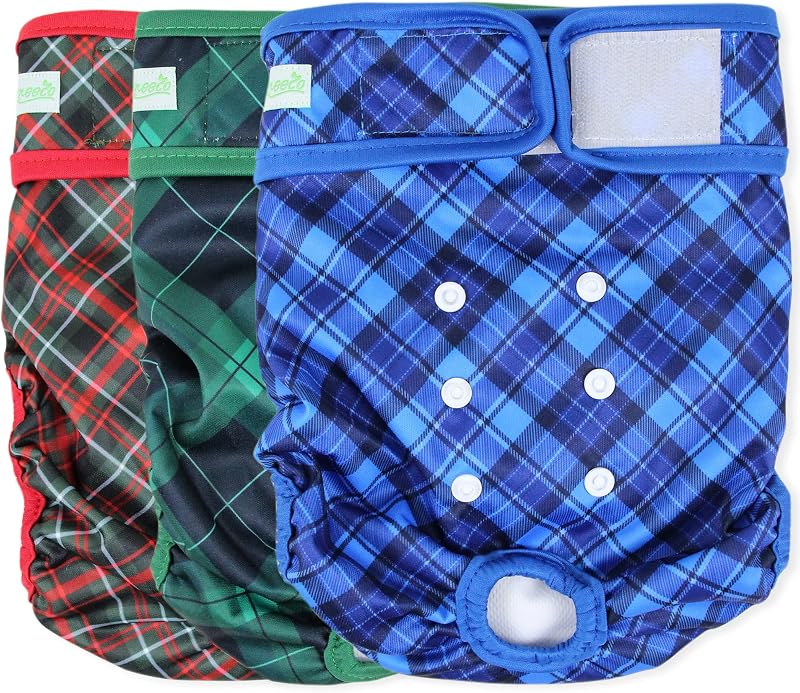 Wegreeco Washable Diapers for Female Dogs (3 Pack) - Highly Absorbent, for Dogs in Heat or Excitable Urination (Blue, Green, Red Plaid, Small)