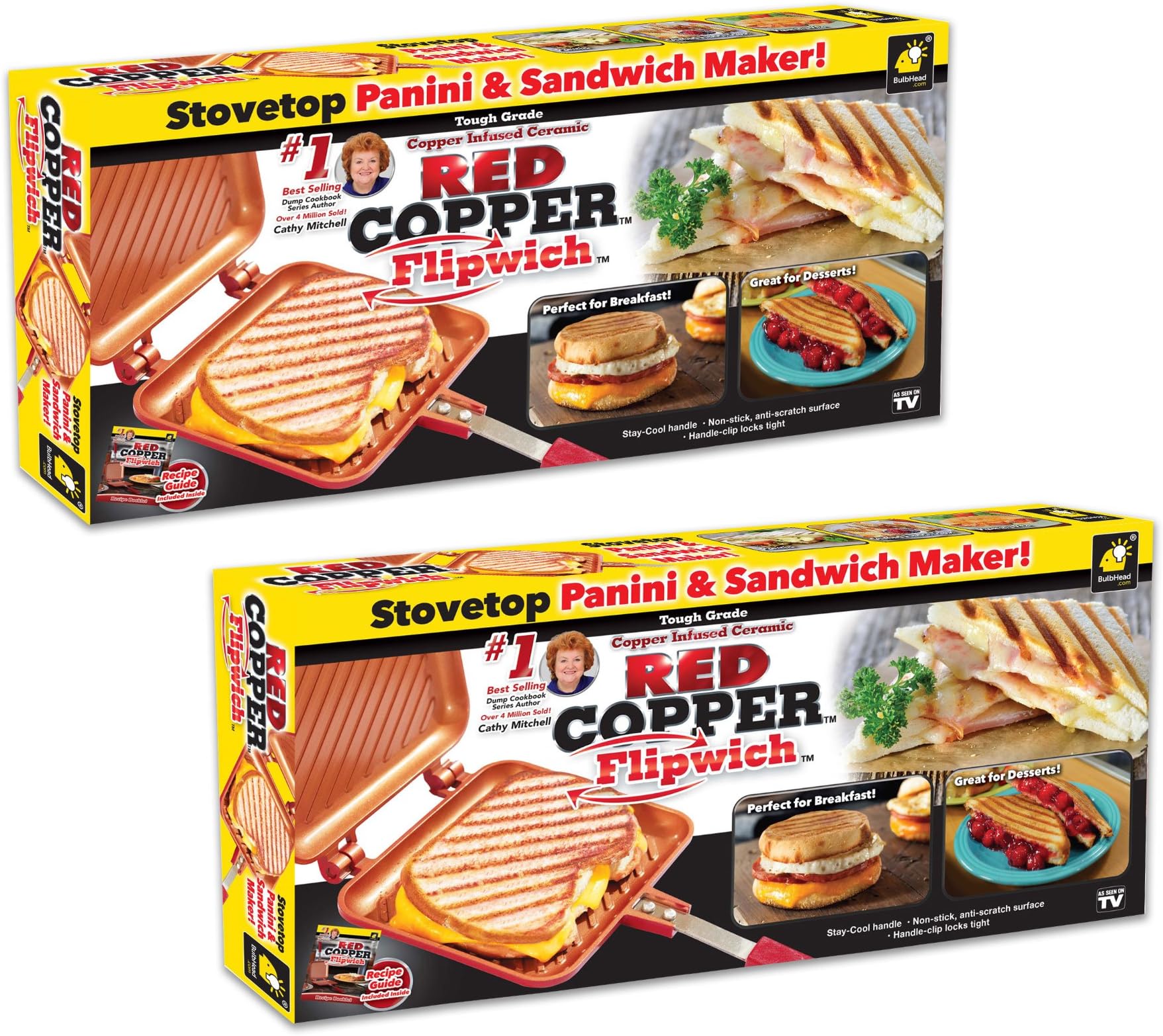 Red Copper Flipwich Non-Stick Grilled Sandwich and Panini Maker by BulbHead (2 Pack)