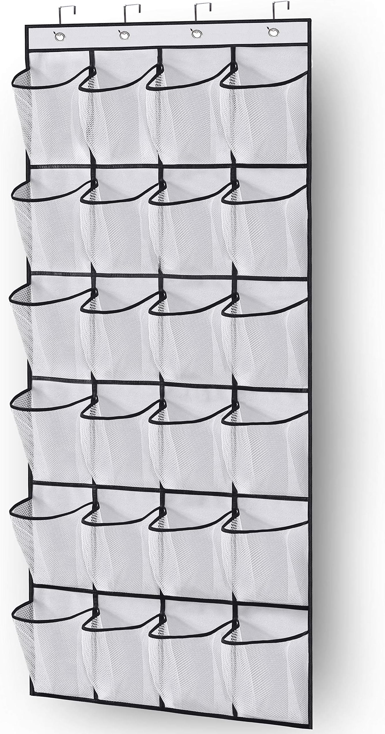 MISSLO Over the Door Shoe Storage Organiser Hanging Shoe Rack Holder 24 Large Mesh Pockets for Wardrobe Door Tidy with Hanger(White)