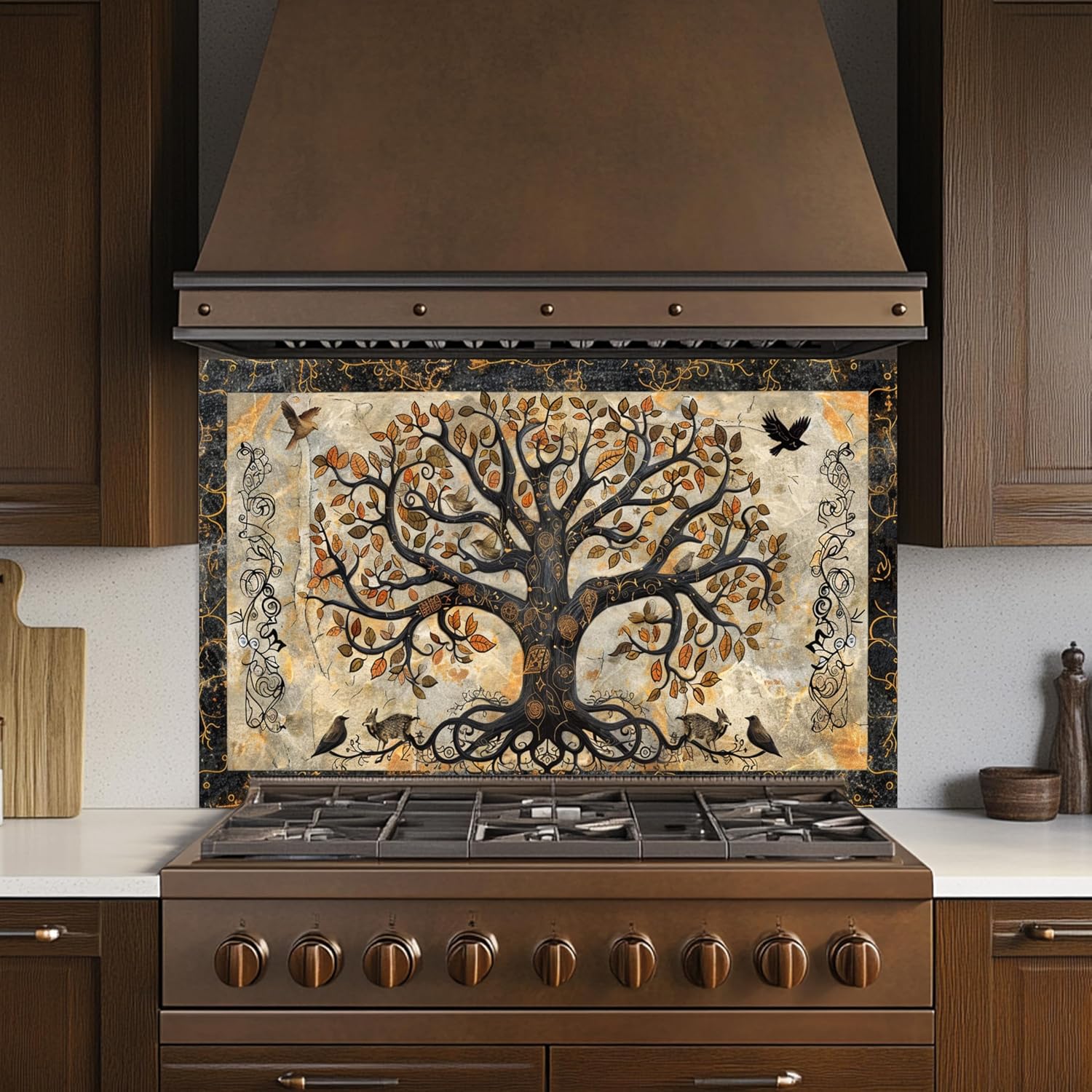 Tempered Glass Backsplash, Tree of Life with Border Glass Backsplash, Kitchen Backsplash Behind Stove, Glass Backsplash for Kitchen Wall, Easy to Install Stove Backsplash