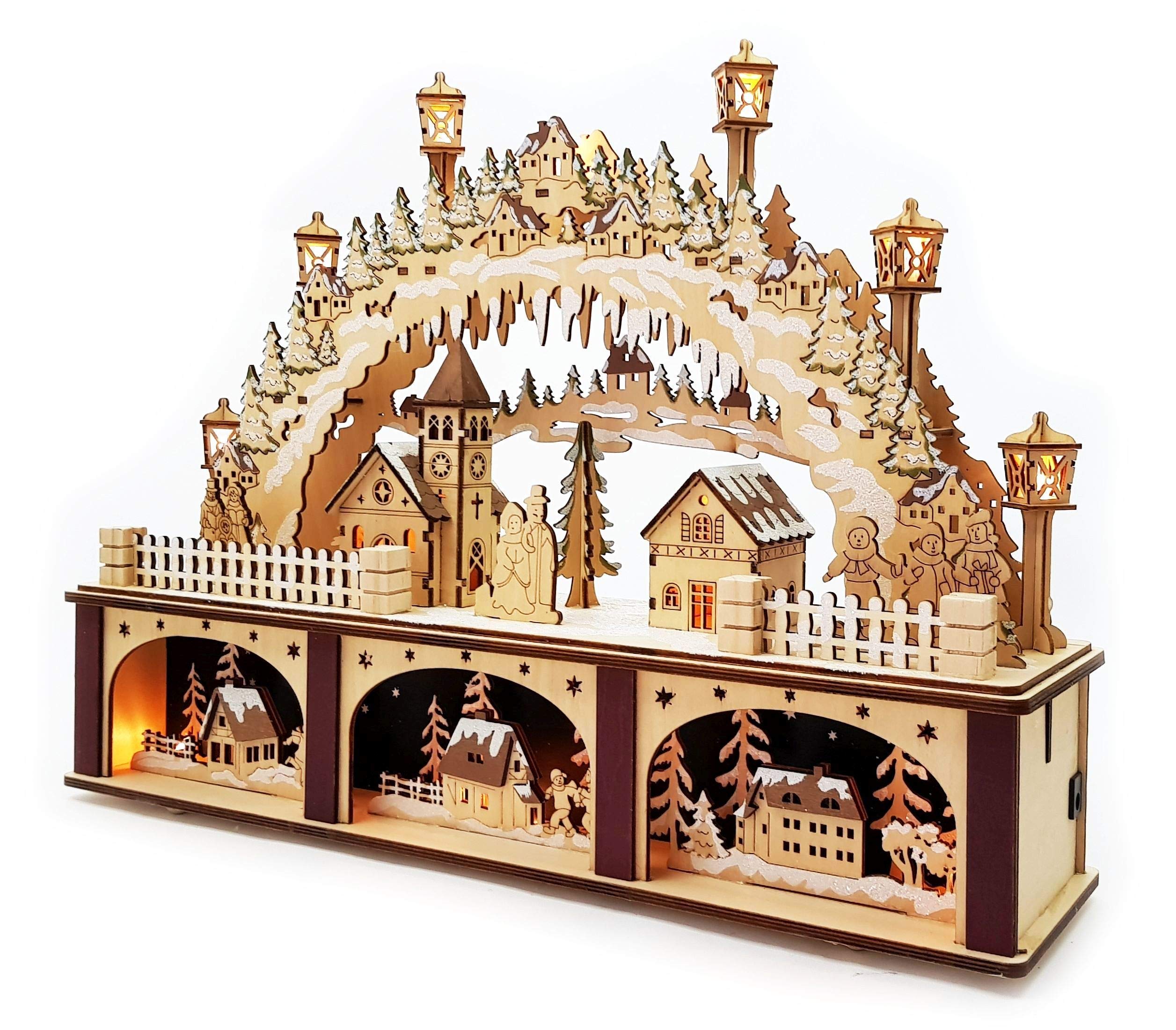 Wichtelstube-Kollektion XL 3D LED Schwibbogen mit Podest Weihnachtsdorf Lichterbogen Schwippbogen Echtholz Weihnachtdeko Holzkunst Fenster 45cm Breite