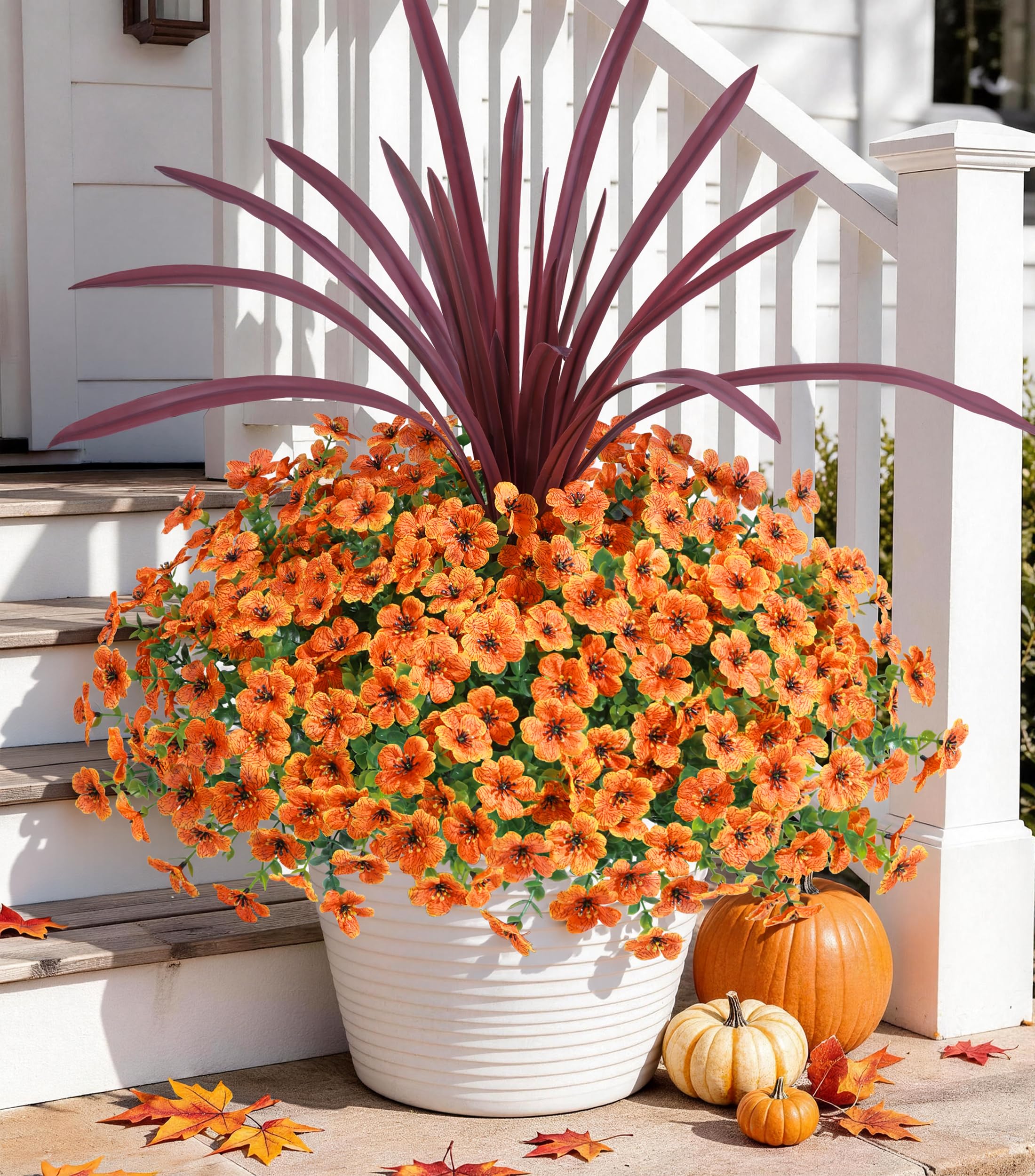 Hyeflora Orange Artificial Fall Flowers Faux Mums For Outdoor Indoor Garden Home Decoration, Faux Flower Daisy With Orchid Leaf Fake Mums Plants Greenery Boxwood Porch Patio, 12 Bundles (Orange)